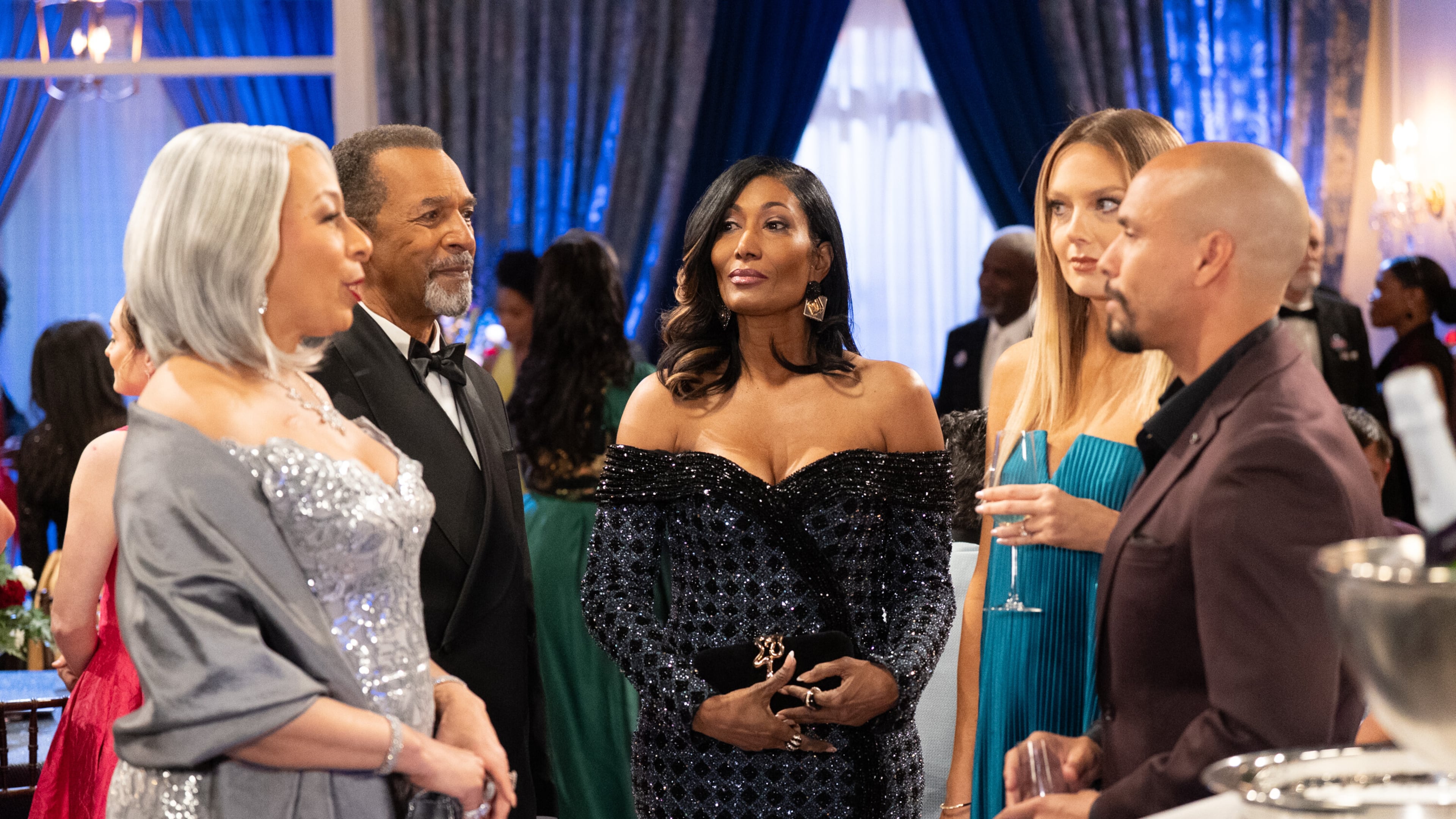 From left, Tamara Tunie as Anita Dupree, Clifton Davis as Vernon Dupree, Trisha Mann-Grant as Leslie Thomas, Melissa Ordway as Abby Newman and Bryton James as Devon Winters in the June 10, 2026, episode of "Beyond the Gates." (Courtesy of Quantrell Colbert/CBS)