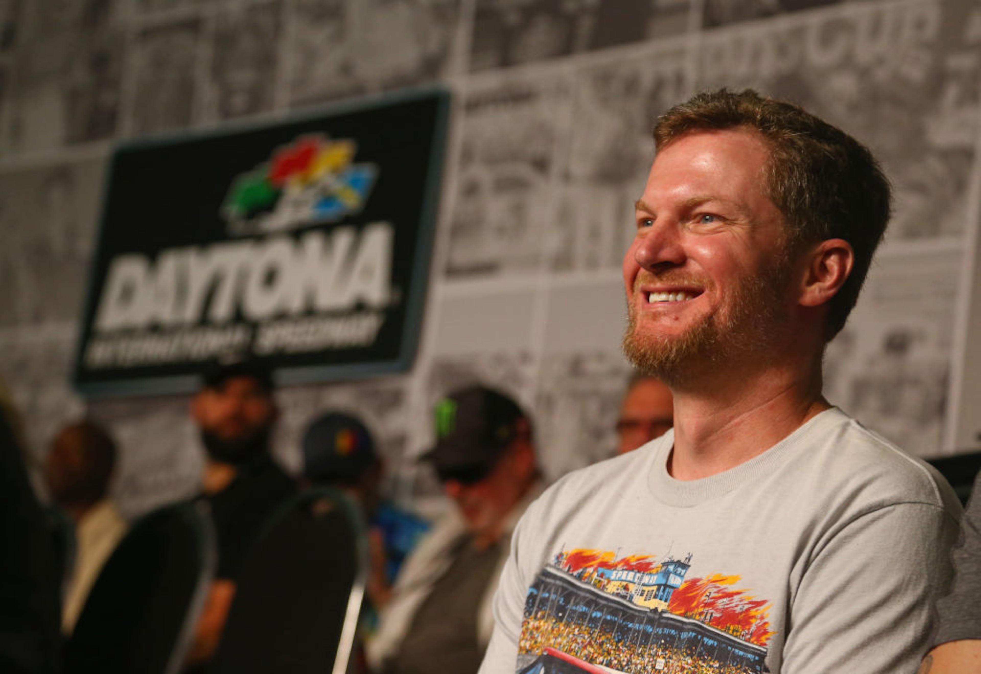 DAYTONA BEACH, FL - FEBRUARY 18: Former NASCAR driver Dale Earnhardt Jr. is introduced to the crowd during the drivers meeting for the Monster Energy NASCAR Cup Series 60th Annual Daytona 500 at Daytona International Speedway on February 18, 2018 in Daytona Beach, Florida. (Photo by Sarah Crabill/Getty Images)