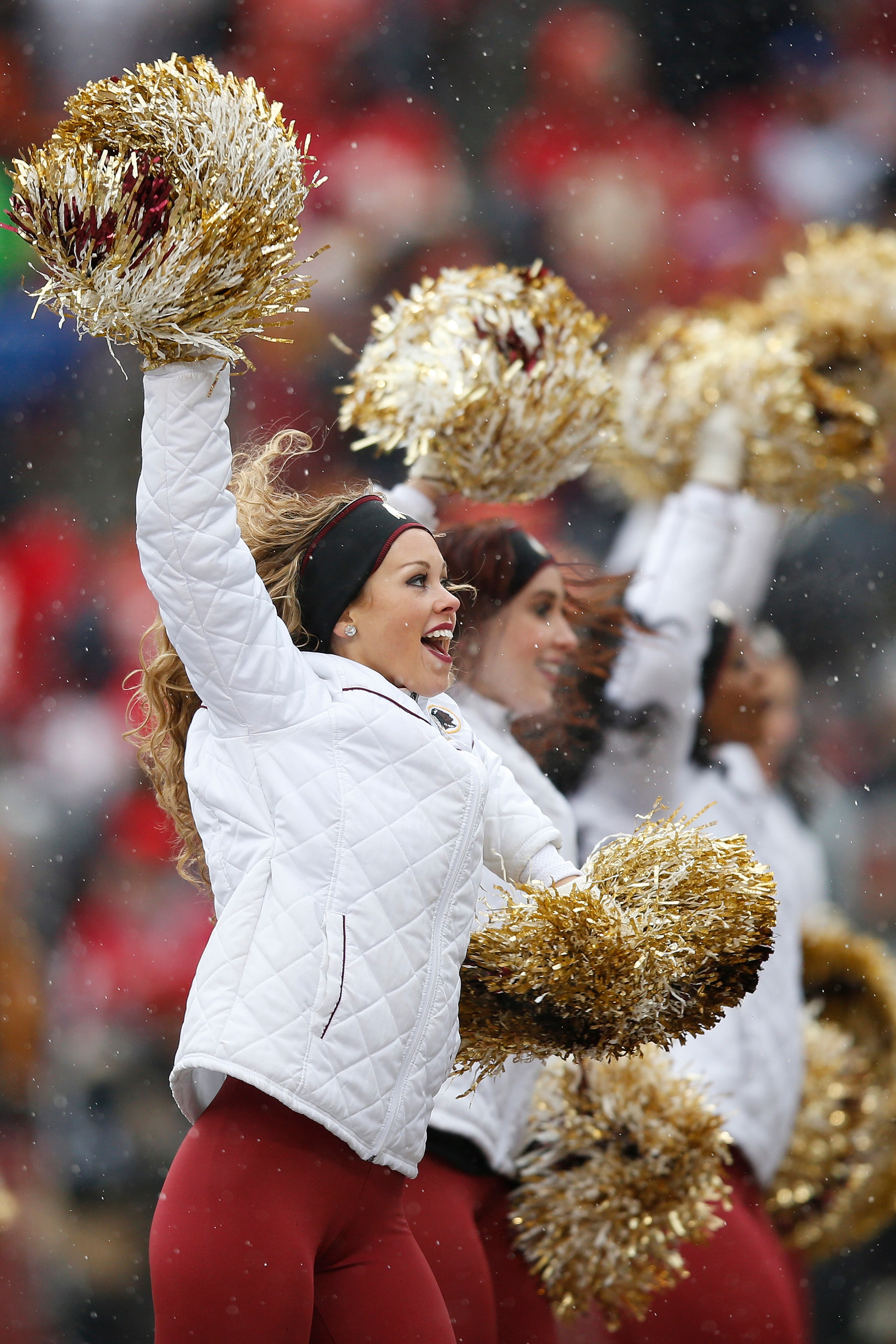 The Washington Redskins cheerleaders perform during the first half of an NFL football game against the Kansas City Chiefs in Landover, Md., on Dec. 8, 2013.