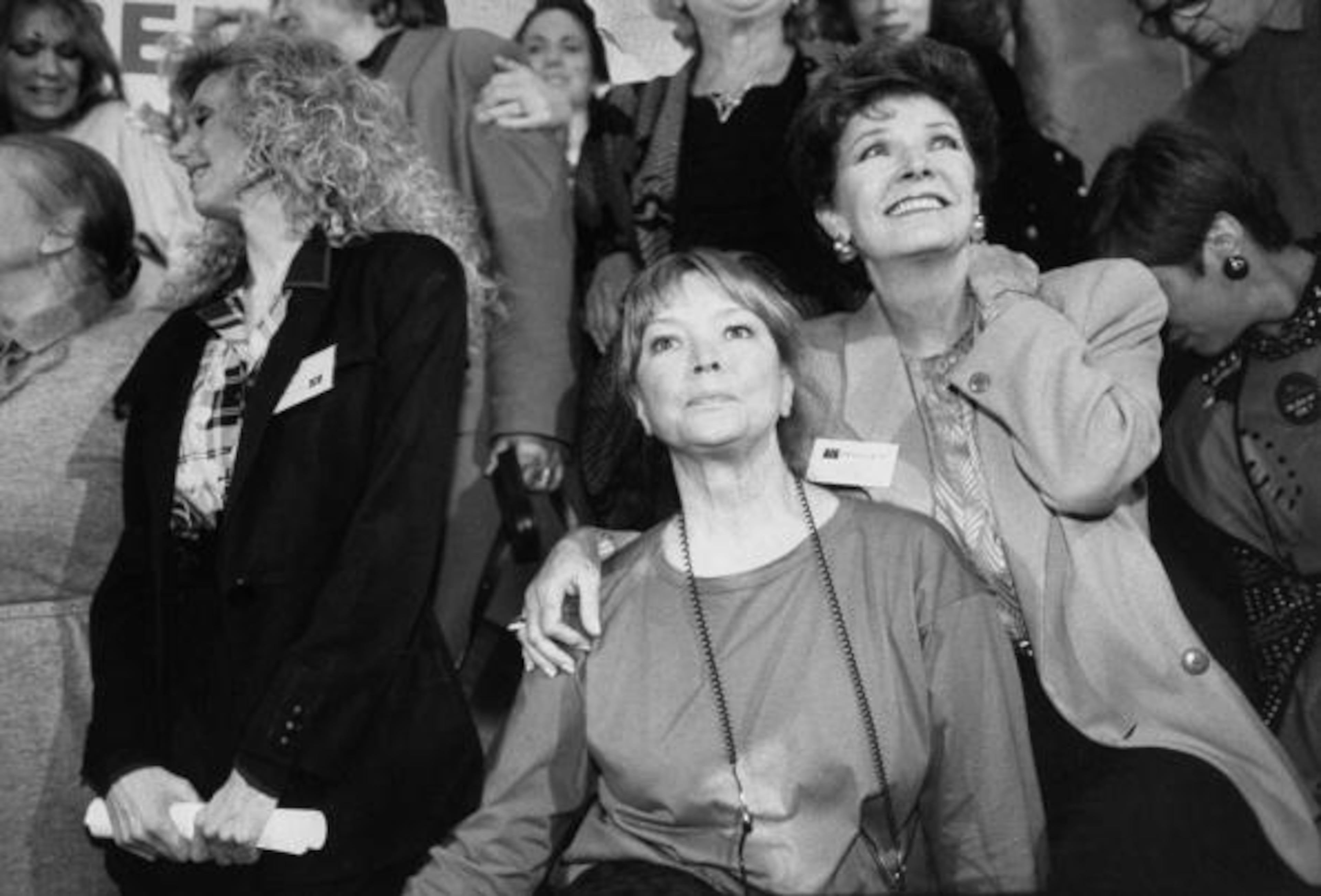 Actress Polly Bergen w. arm around shoulder of Ellen Burstyn during pro-choice rally. Standing to their r. is actress Morgan Fairchild. (Photo by Robert Sherbow/The LIFE Images Collection/Getty Images)