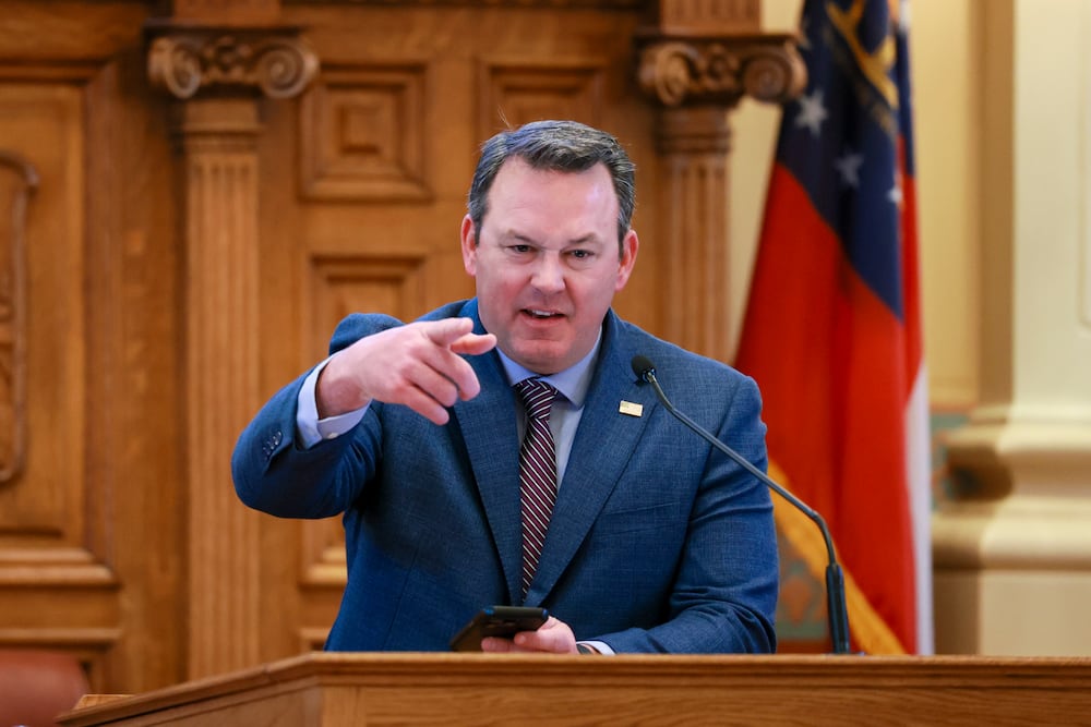 Lt. Gov. Burt Jones speaks during the last day of the legislative session, Sine Die, at the Georgia state Capitol. (Jason Getz/AJC) 