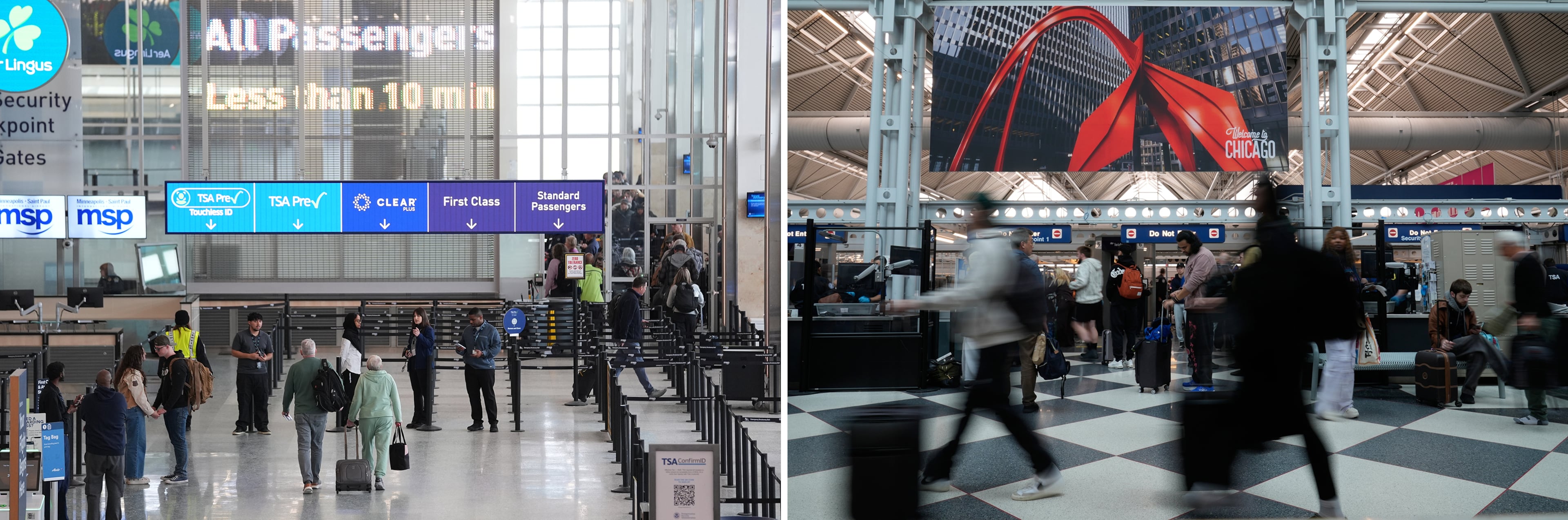 At left, travelers walk to a security checkpoint in Terminal 1 at Minneapolis-St. Paul Airport on March 16. At right, passengers go through TSA security check at O'Hare International Airport in Chicago on March 21. MSP was ranked first, while O'Hare was tied for last, in customer satisfaction in JD Power's latest survey. (Abbie Parr/AP; Kiichiro Sato/AP)