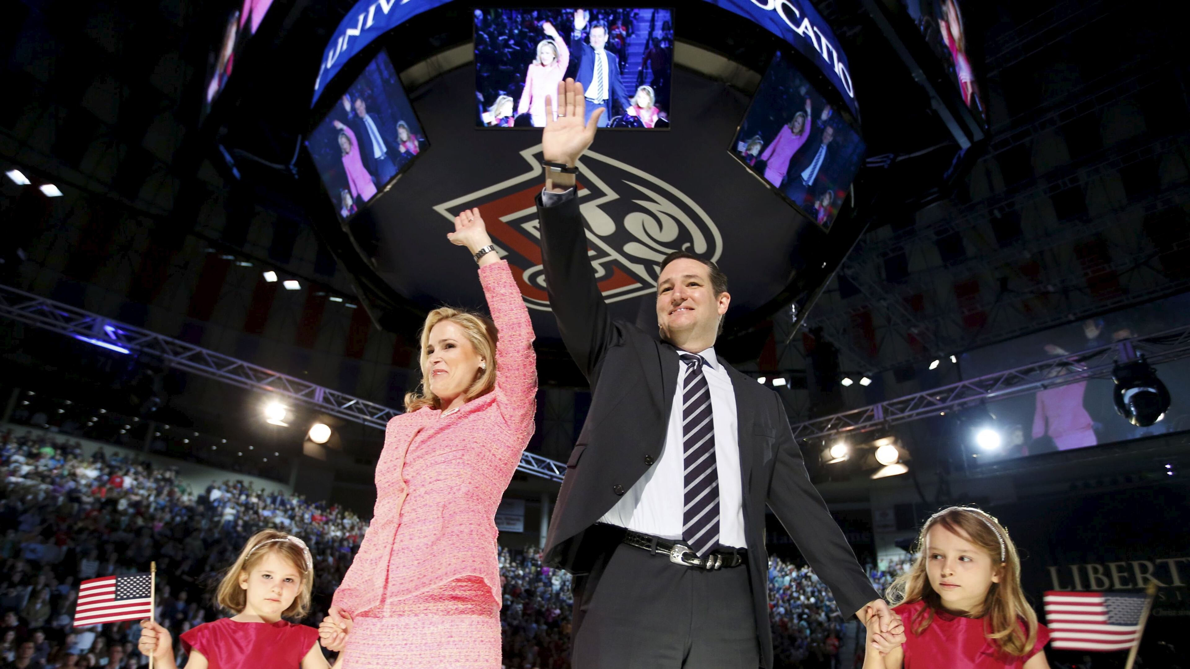 U.S. Senator Ted Cruz (R-TX) stands on stage with his wife Heidi and their daughters Catherine and Caroline, as he announces his candidacy for president during an event at Liberty College in Lynchburg, Virginia, March 23, 2015. Cruz, a conservative firebrand who frequently clashes with leaders of his Republican Party, became the first major figure from either party to jump into the 2016 presidential election race on Monday. REUTERS/Chris Keane TPX IMAGES OF THE DAY Sen. Ted Cruz, R-Texas, his wife Heidi, and their two daughters Catherine, 4, left, and Caroline, 6, right, wave on stage after he announced his campaign for president on Monday at Liberty University in Lynchburg, Va. AP/Andrew Harnik