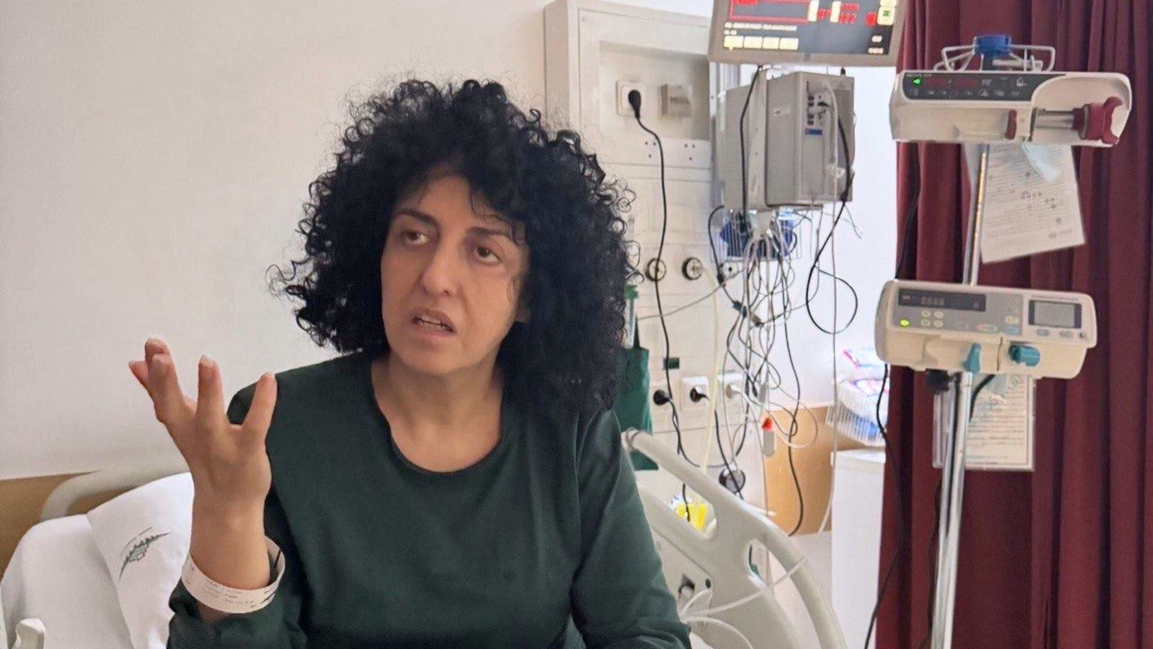 Prominent Iranian human rights activist Narges Mohammadi in a hospital in Tehran, Iran on May 10, 2026. (Narges Foundation Archive via AP)
