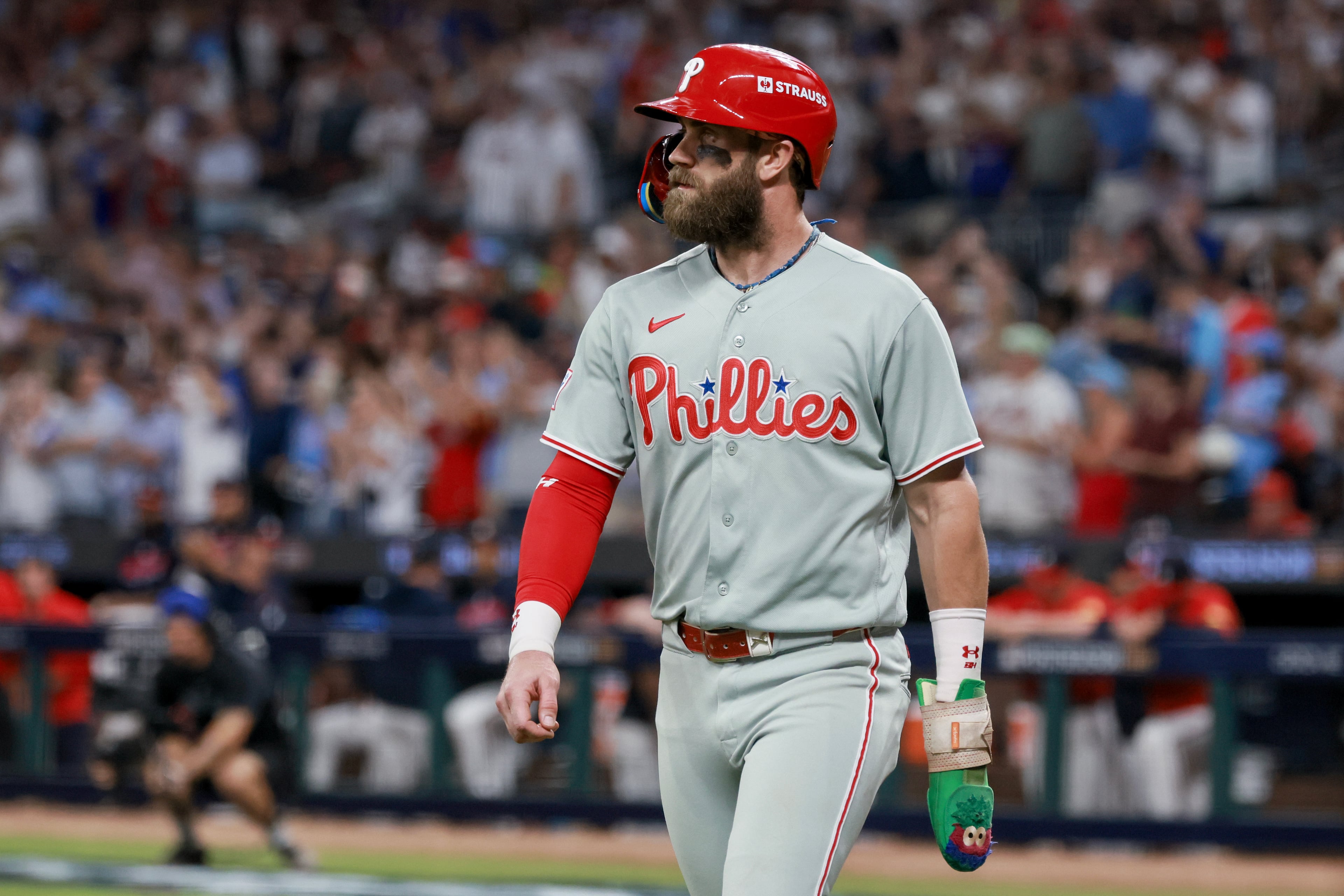 Philadelphia PhilliesÕ Bryce Harper (3) walks back to the dugout during the sixth inning of Game 3 of a MLB National League Wild Card playoff series between the Atlanta Braves and the Philadelphia Phillies, Thursday, Oct. 1, 2026, in Atlanta. (Jason Getz/AJC)