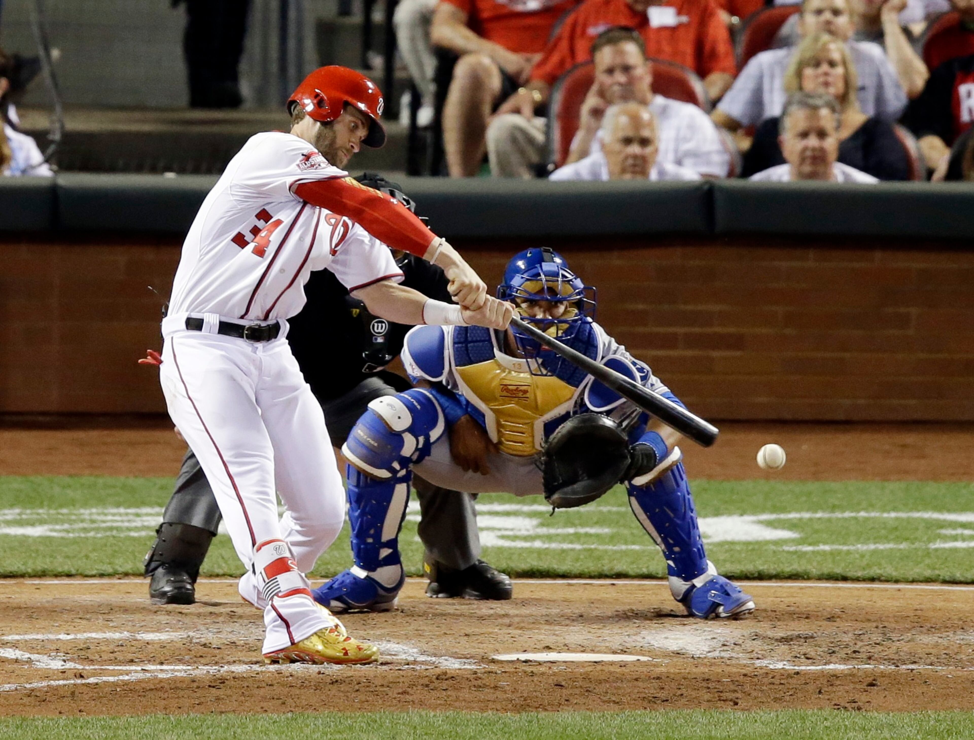 National League's Bryce Harper, of the Washington Nationals, strikes out during the fourth inning of the MLB All-Star baseball game, Tuesday, July 14, 2015, in Cincinnati. (AP Photo/Michael E. Keating )