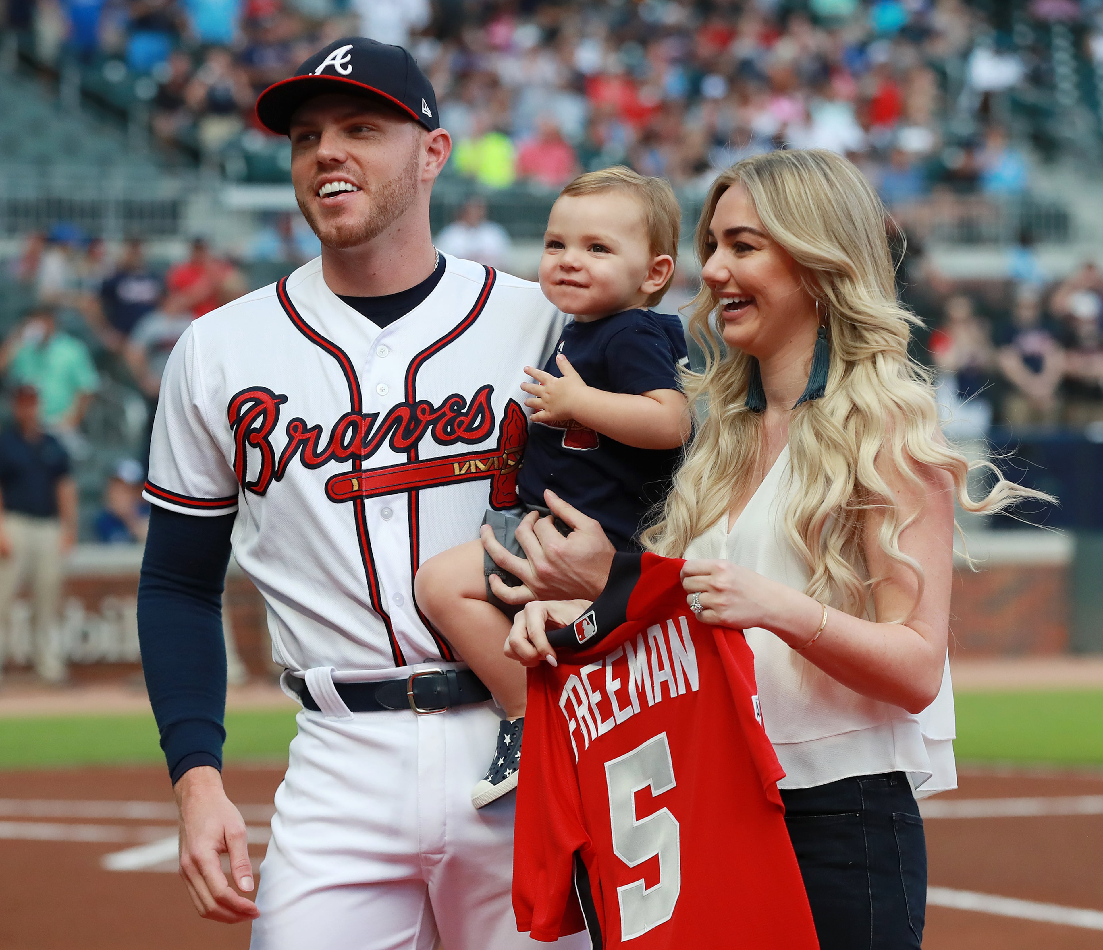 July 10, 2018 Atlanta: Atlanta Braves All-Star Freddie Freeman is presented his All-Star jersey by his wife Chelsea and son Charlie before playing the Toronto Blue Jays in a MLB baseball game on Tuesday, July 10, 2018, in Atlanta. Curtis Compton/ccompton@ajc.com