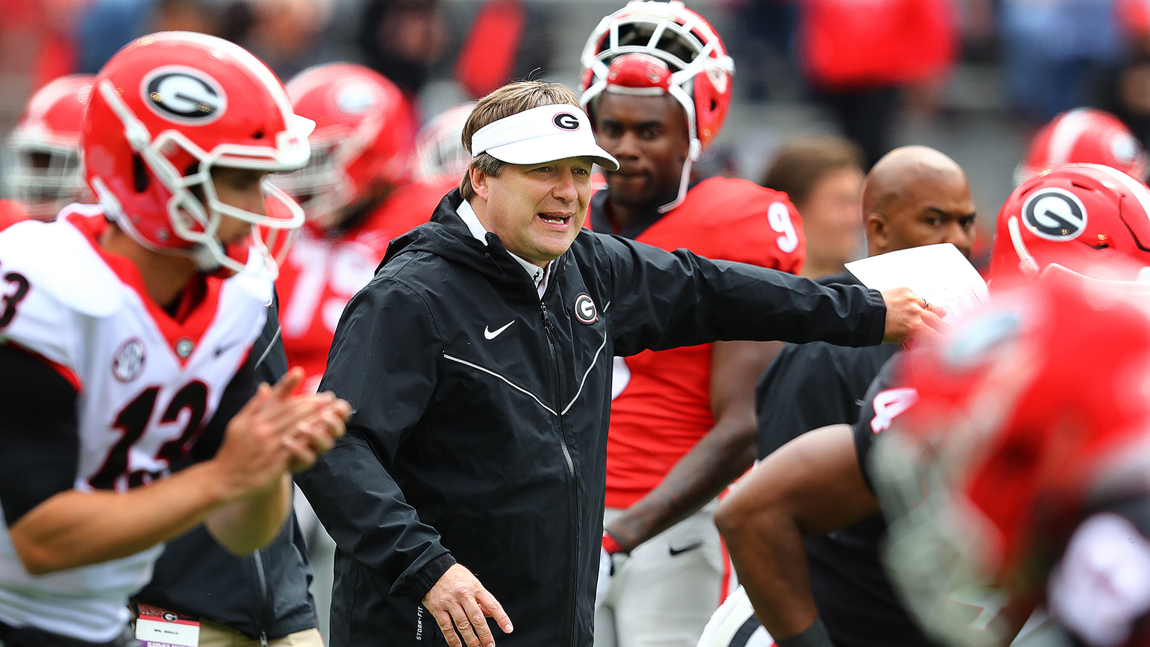 Georgia head coach Kirby Smart keeps his team on the move during the annual G-Day football game Saturday, April 20, 2019, at Sanford Stadium in Athens.