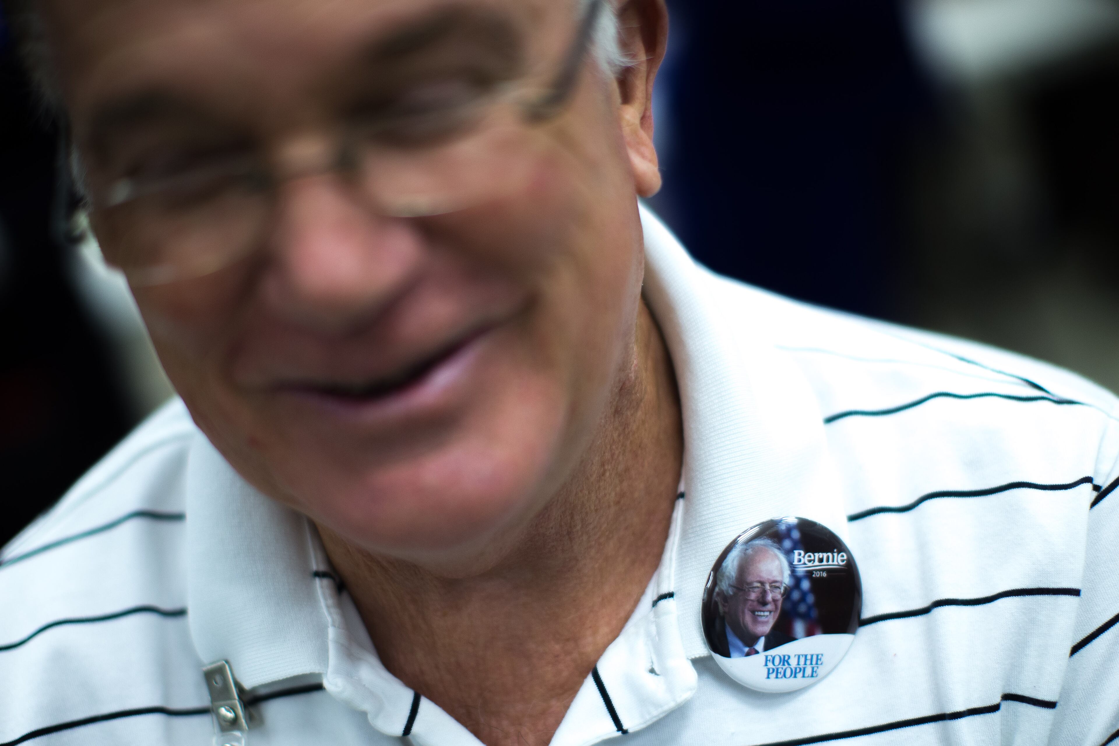 Peter Golden wears a Bernie Sanders button at the IBEW Local 613 Auditorium, Saturday, June 11, 2016, in Atlanta. Members of the Georgia Democratic Party gathered to elect at-large and alternate delegates to the Democratic National Convention in Philadelphia. BRANDEN CAMP/SPECIAL