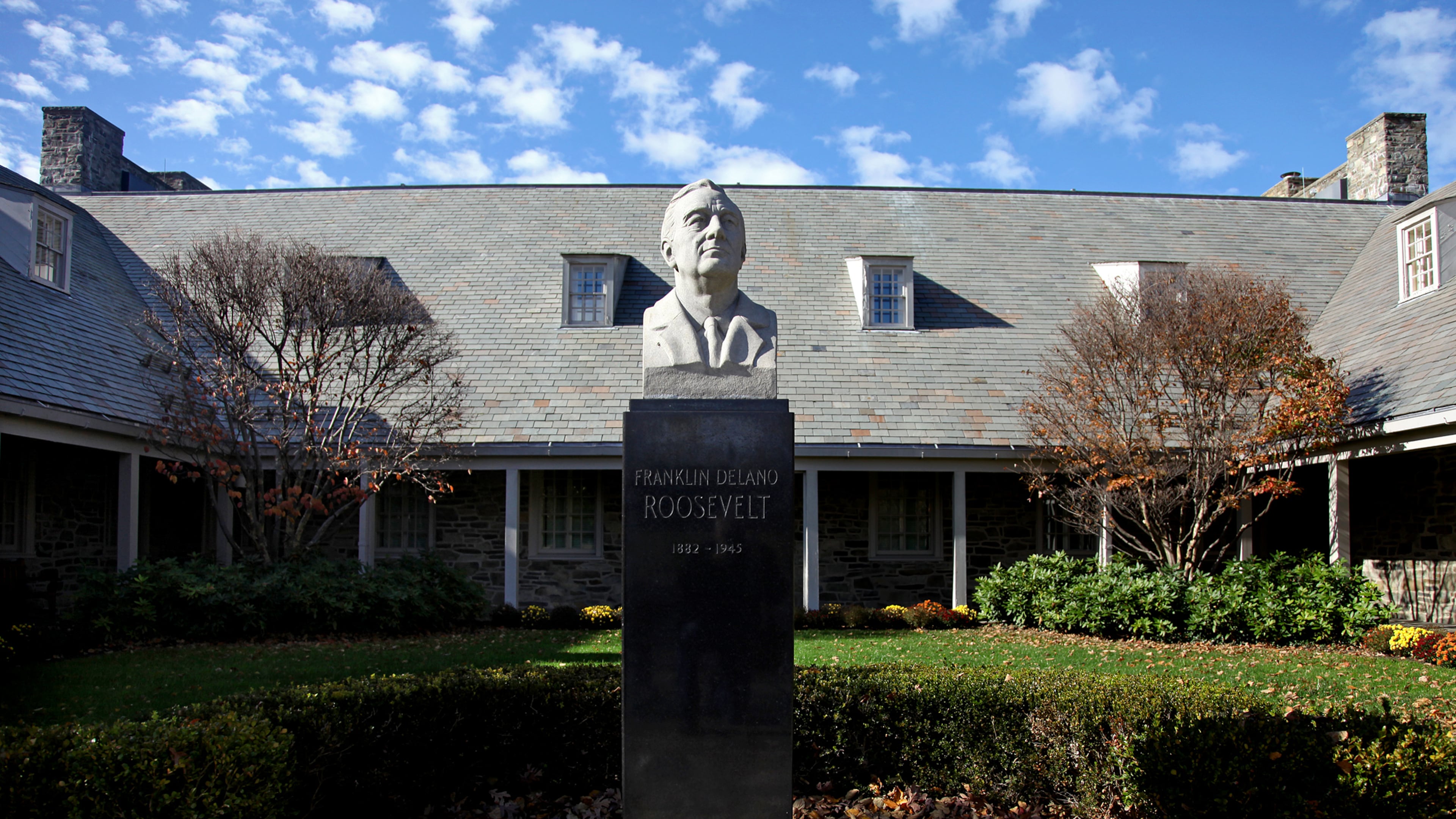 FILE - The bust of President Franklin D. Roosevelt stands in front of the Franklin D. Roosevelt Presidential Library and Museum in Hyde Park, N.Y., on Nov. 2, 2009. (AP Photo/Craig Ruttle, File)