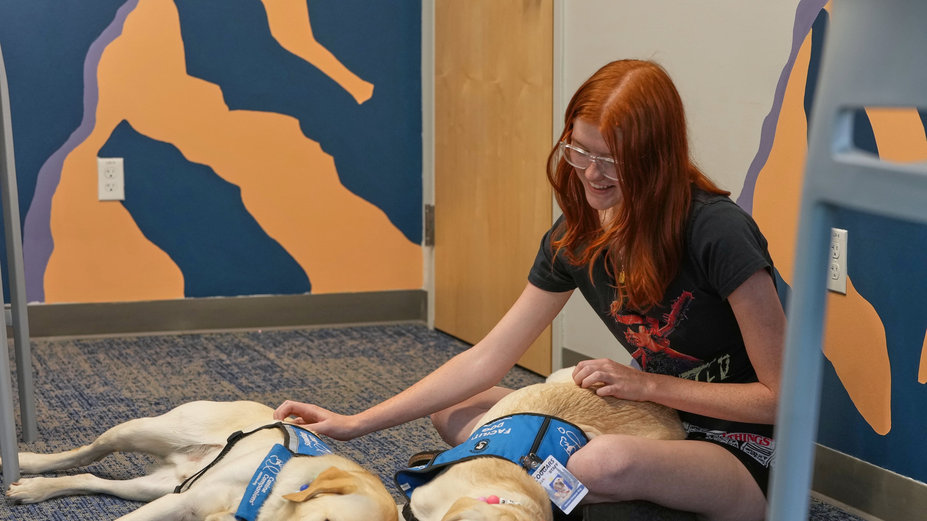 Maddie Cornwell, a senior at Evergreen High School, visits with a pair of support dogs named Polenta, left, and Noreen at the school Monday, Oct. 5, 2026, in Evergreen, Colo. (AP Photo/David Zalubowski)
