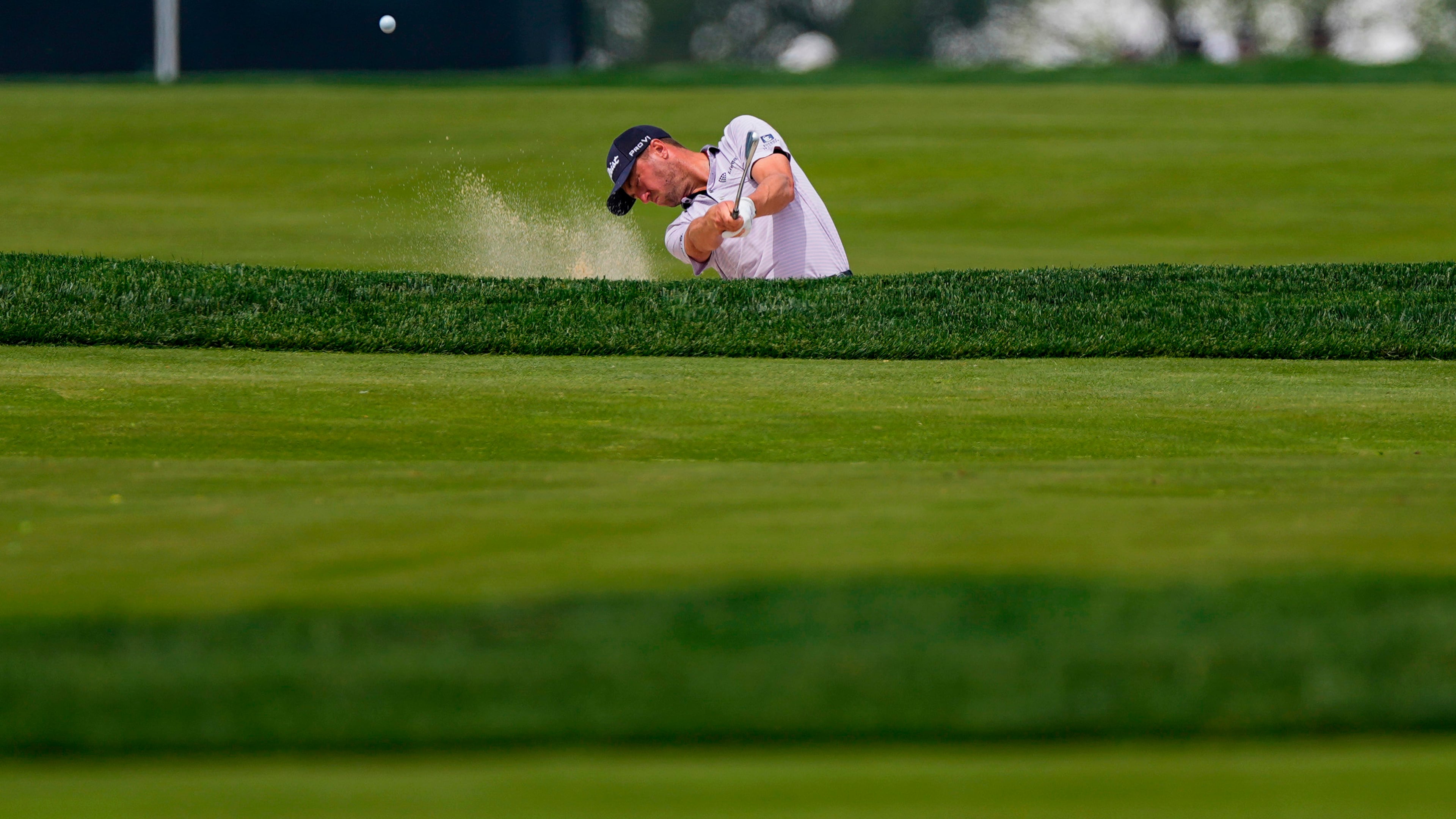 Justin Thomas hits from the third fairway during a PGA Championship golf tournament practice round at Aronimink Golf Club, Wednesday, May 13, 2026, in Newtown Square, PA. (AP Photo/Matt Slocum)