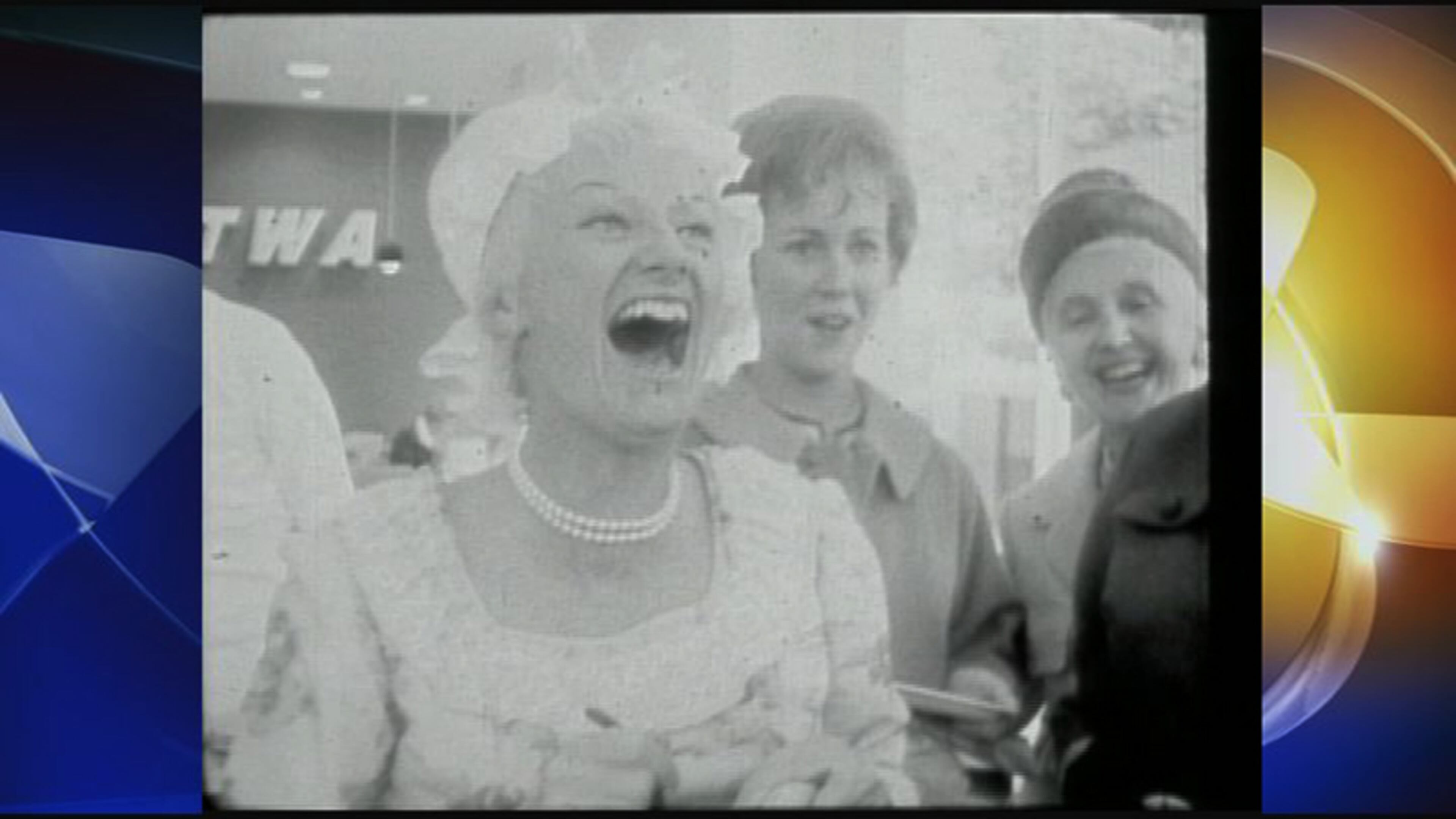 This is a screen shot from exclusive KTVU footage of Diller acting as a soup server nearby the TWA area of San Francisco International Airport in the 1960s.