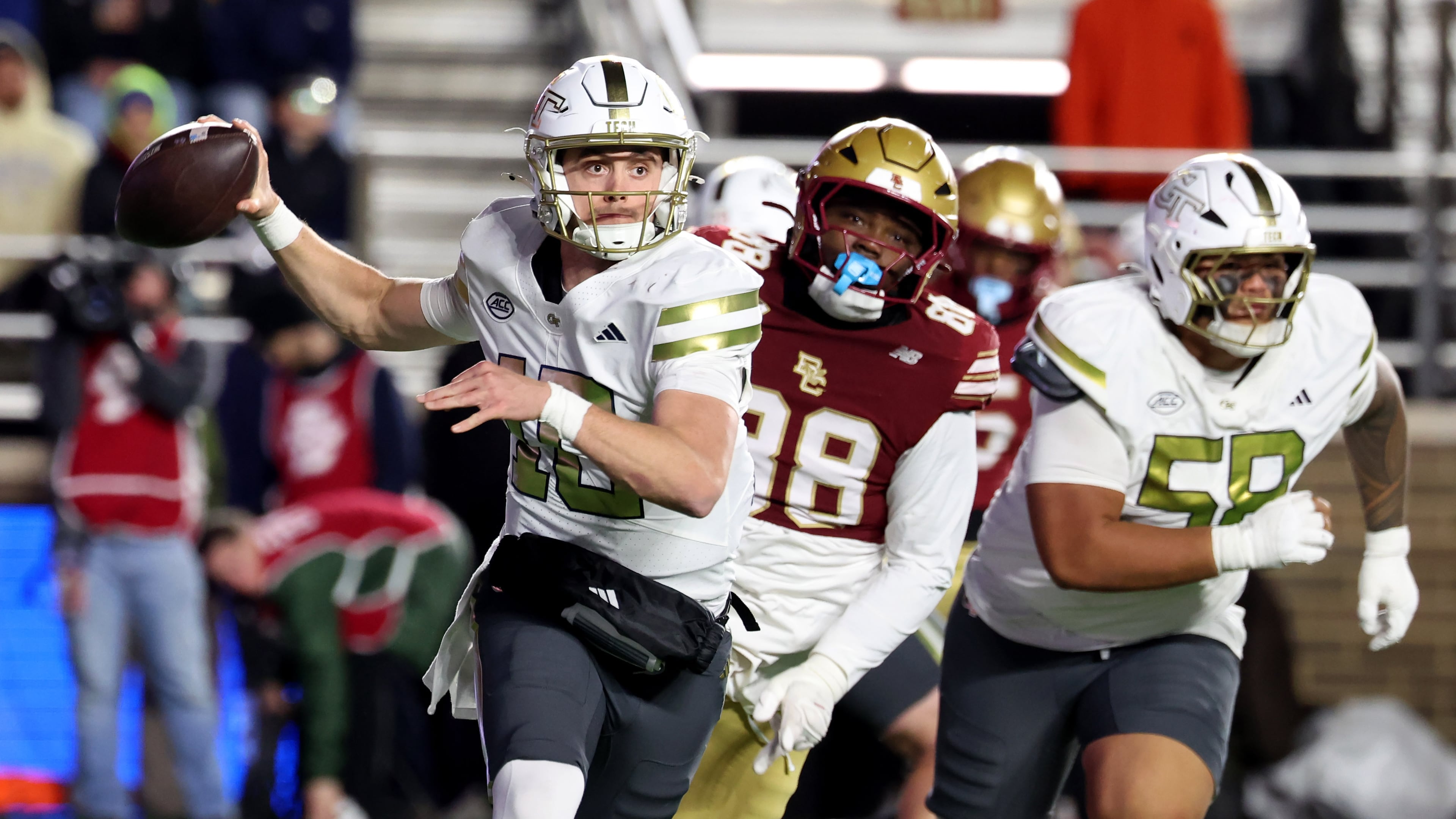Georgia Tech quarterback Haynes King and the offense did all the team needed from them and more in a 36-34 win at Boston College, but the defense was a huge liability. (Mark Stockwell/AP)