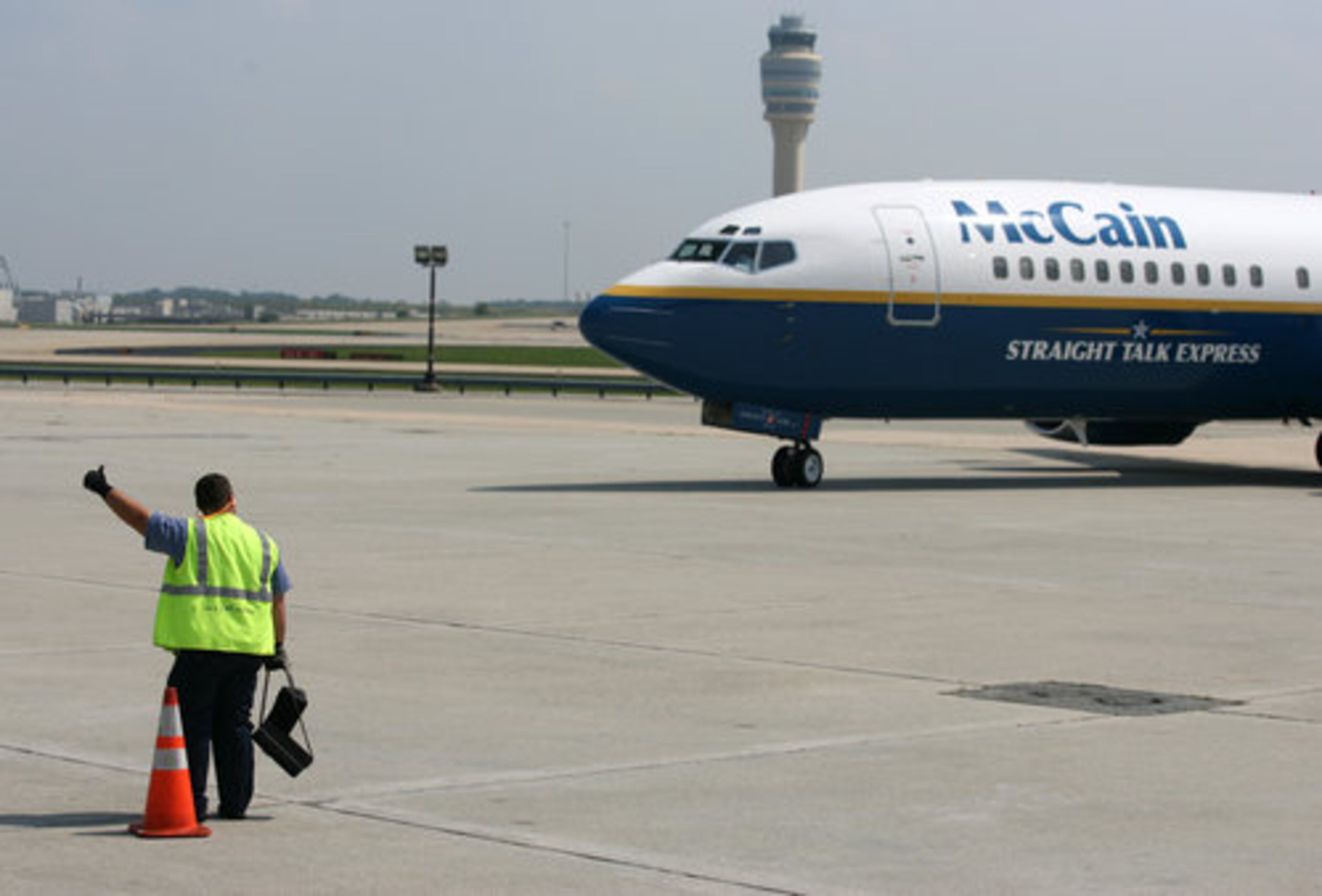 The plane of Sen. John McCain taxis into Atlantic Aviation in Atlanta. McCain was in town for a fundraiser with the Republican National Commitee at the Marriott Marquis in downtown Atlanta.