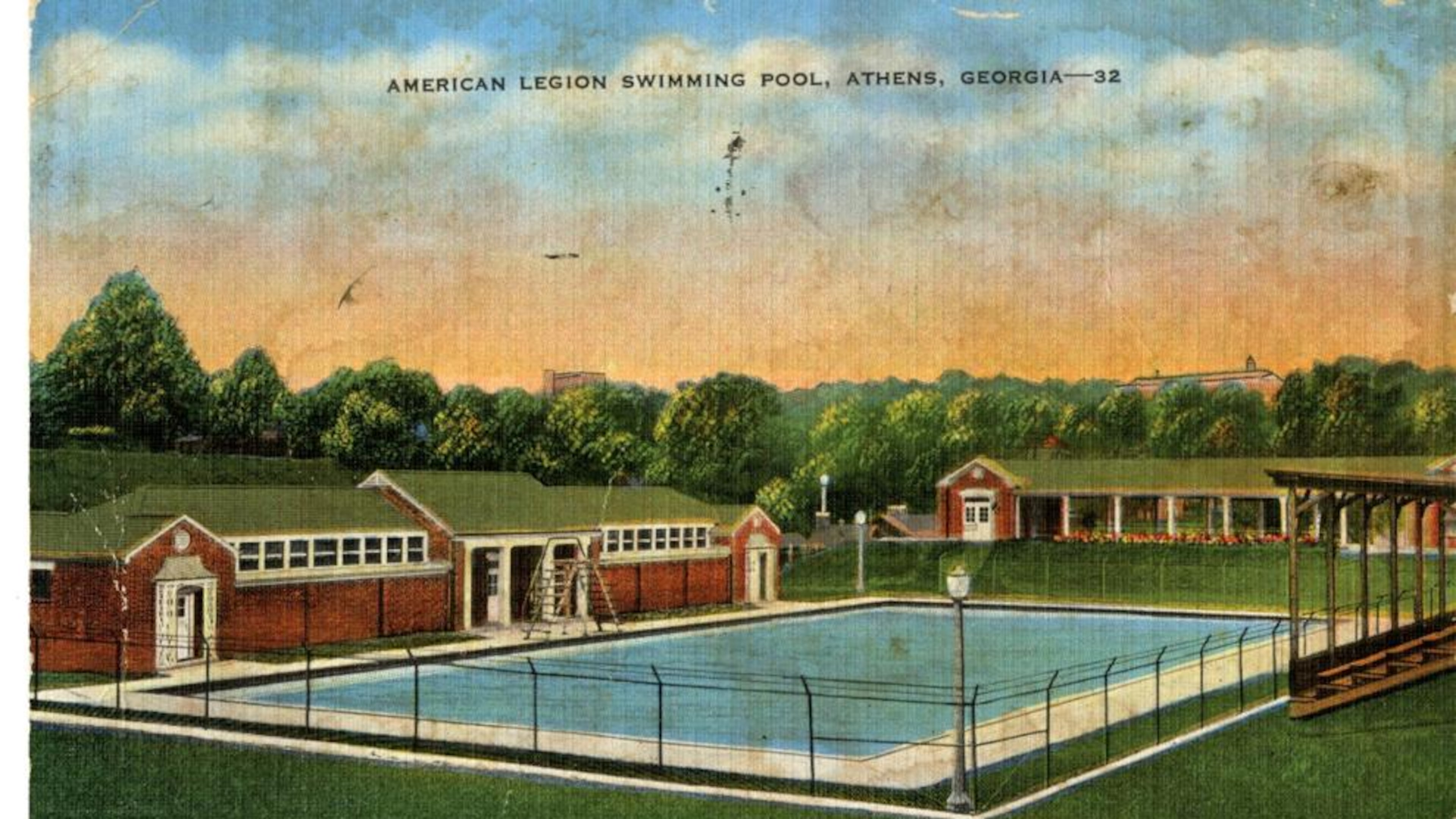 A postcard shows Legion Pool on the University of Georgia campus. UGA officials cite lack of student use, financial losses and water losses from leaks and evaporation as reasons for replacing it. (Courtesy of the UGA Hargrett Rare Book and Manuscript Library postcard collection)