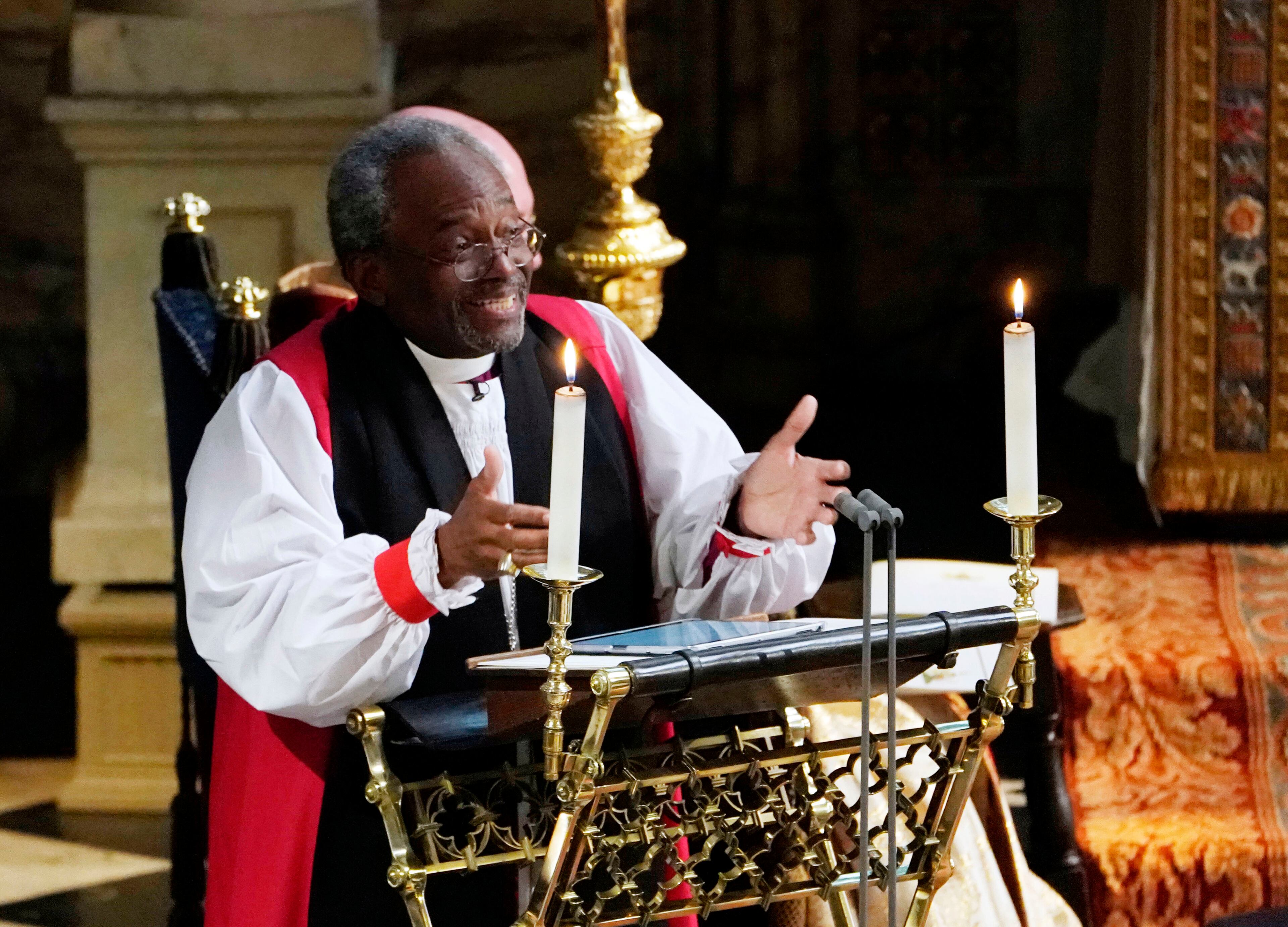 The Most Rev Bishop Michael Curry, primate of the Episcopal Church, speaks during the wedding ceremony of Prince Harry and Meghan Markle at St. George's Chapel in Windsor Castle in Windsor, near London, England, Saturday, May 19, 2018. (Owen Humphreys/pool photo via AP)