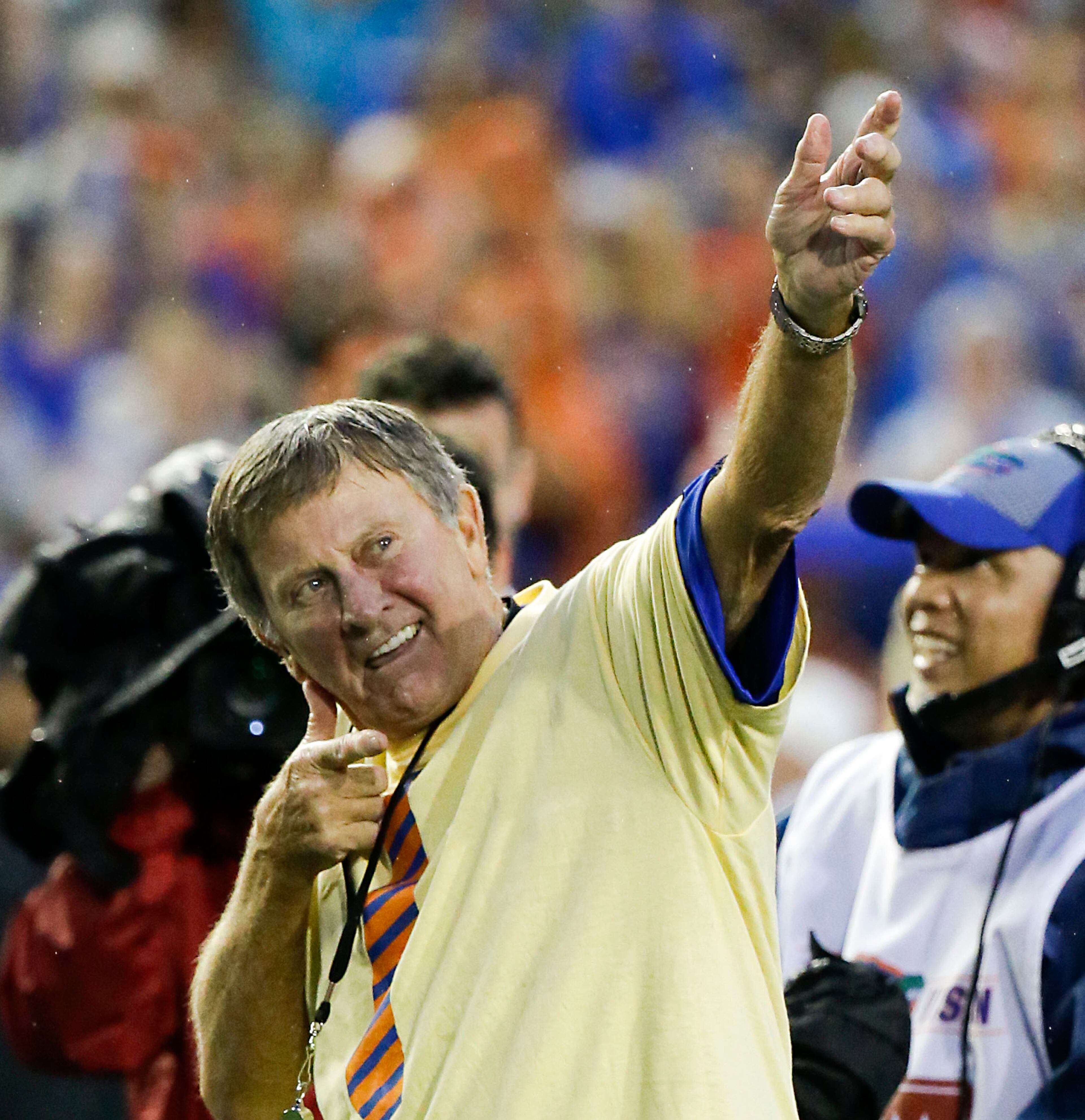 "I just planned it myself. I didn't tell anybody, either, `cause I thought they'd spill the beans. You know, it's never been done before. I'm a guy that likes to do a little different stuff, so I was the first to do the Usain in the middle of the field." -- Former Florida coach Steve Spurrier, who posed like Olympic sprinter Usain Bolt on the field before the game. The school renamed its field as Steve Spurrier-Florida Field Saturday.