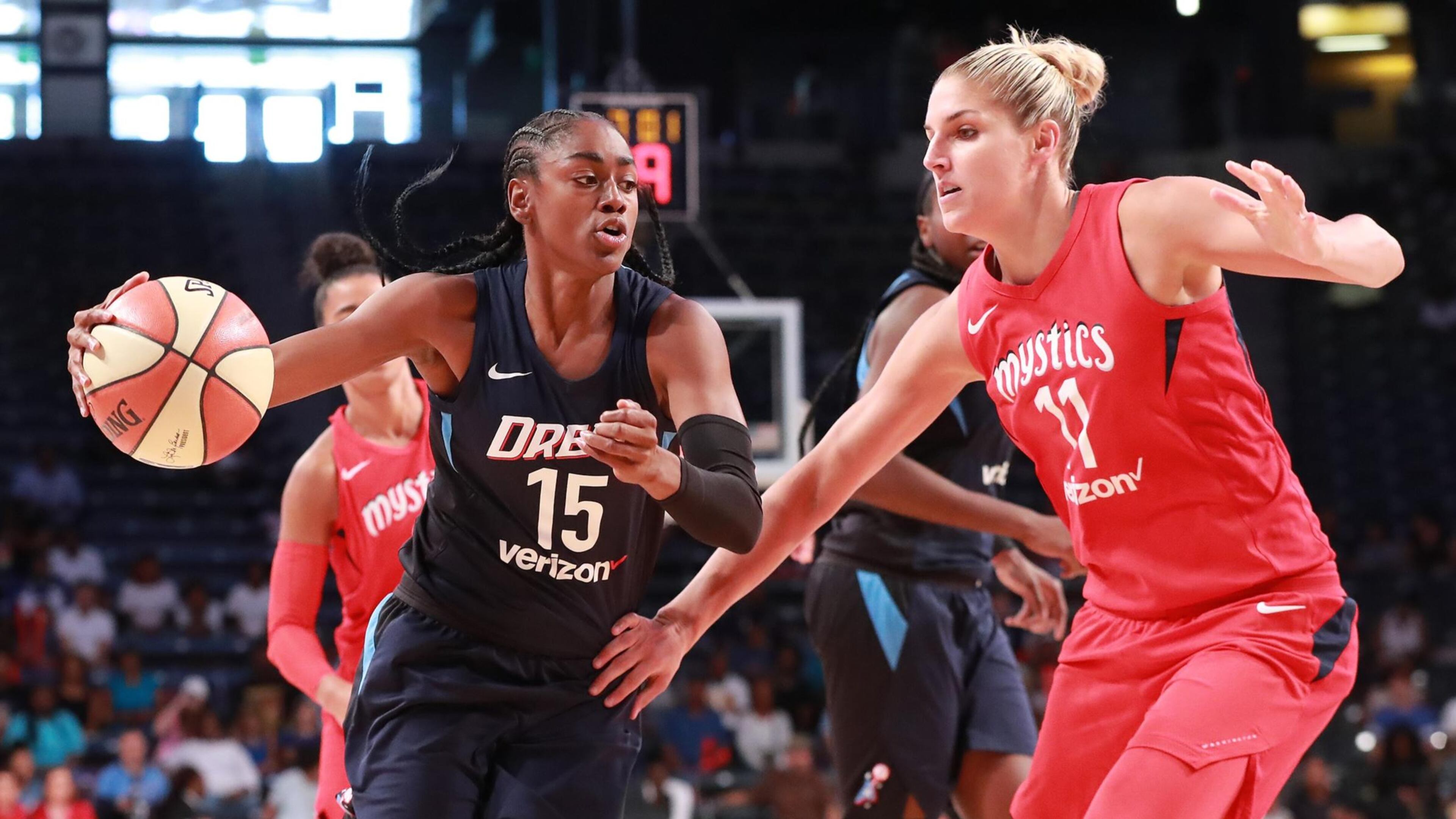 August 26, 2018 Atlanta: Atlanta Dream guard Tiffany Hayes drives against Washington Mystics forward Elena Delle Donne during the first half in a WNBA semifinal playoff game on Sunday, August 26, 2018, in Atlanta. Curtis Compton/ccompton@ajc.com