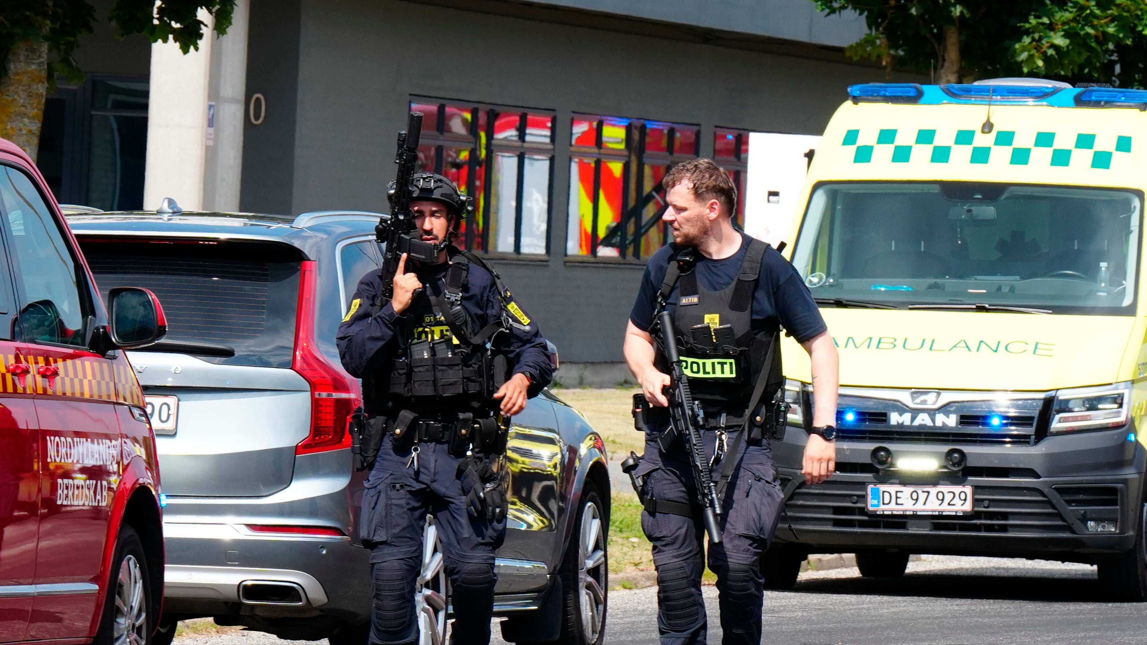 Police respond to the scene of a shooting in Nørresundby, in the North Jutland region in northern Denmark, Friday, July 17, 2026. (Henning Bagger/Ritzau Scanpix via AP)