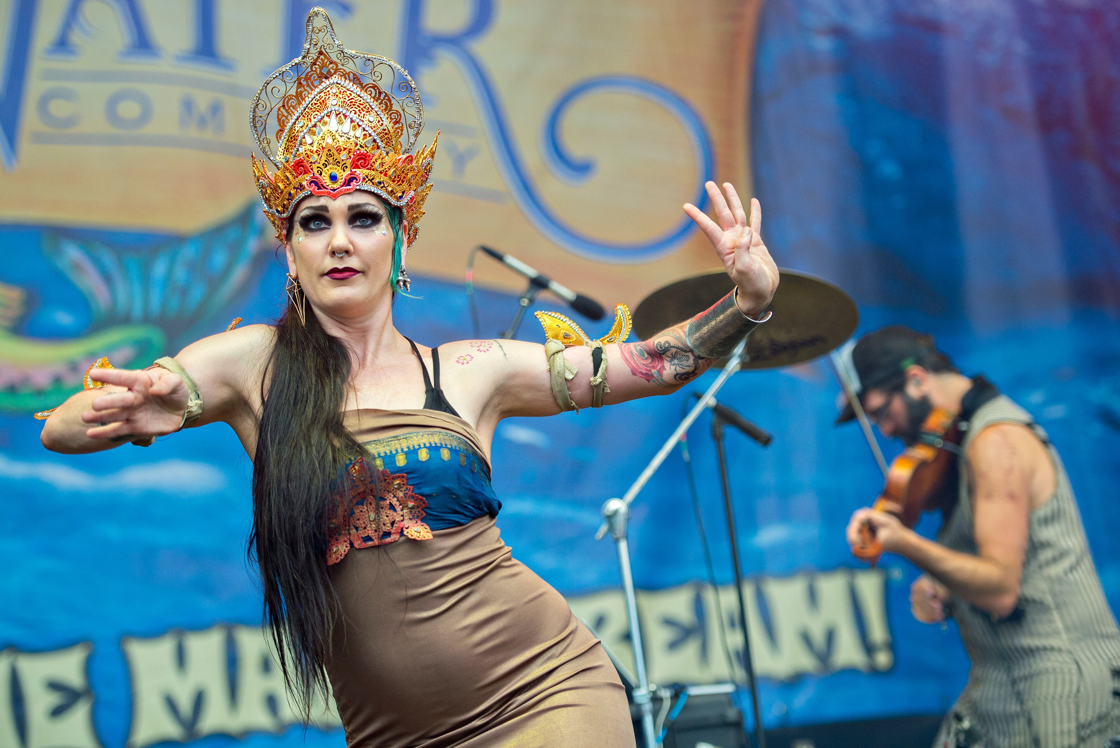 Zoe Jakes (left) and David Satori of Beats Antique perform on stage during the SweetWater 420 Fest at Centennial Olympic Park in Atlanta on Friday, April 17, 2015. The first day of the three day music festival featured Snoop Dogg, Thievery Corporation, Beats Antique, Aer and Big Data. JONATHAN PHILLIPS / SPECIAL