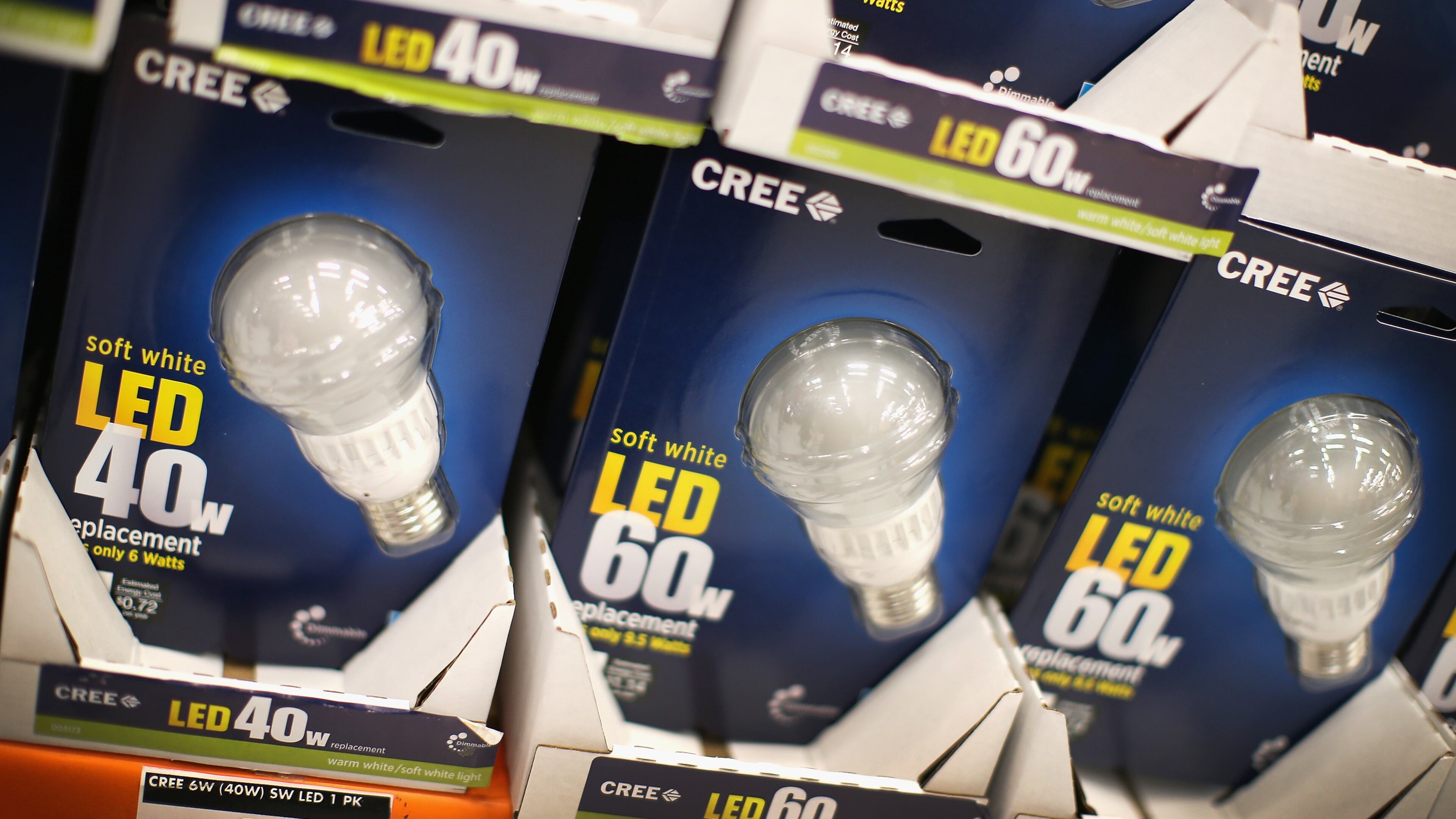CHICAGO, IL - DECEMBER 27: LED light bulbs are offered for sale at a Home Depot store on December 27, 2013 in Chicago, Illinois. On January 1, 2014 manufacturers stopped producing 40 and 60 watt incandescent light bulbs in the United States. The 75 and 100 watt bulbs were discontinued in 2013. These incandescent bulbs are being replaced by the more energy efficient compact florescent and LED light bulbs. (Photo by Scott Olson/Getty Images)