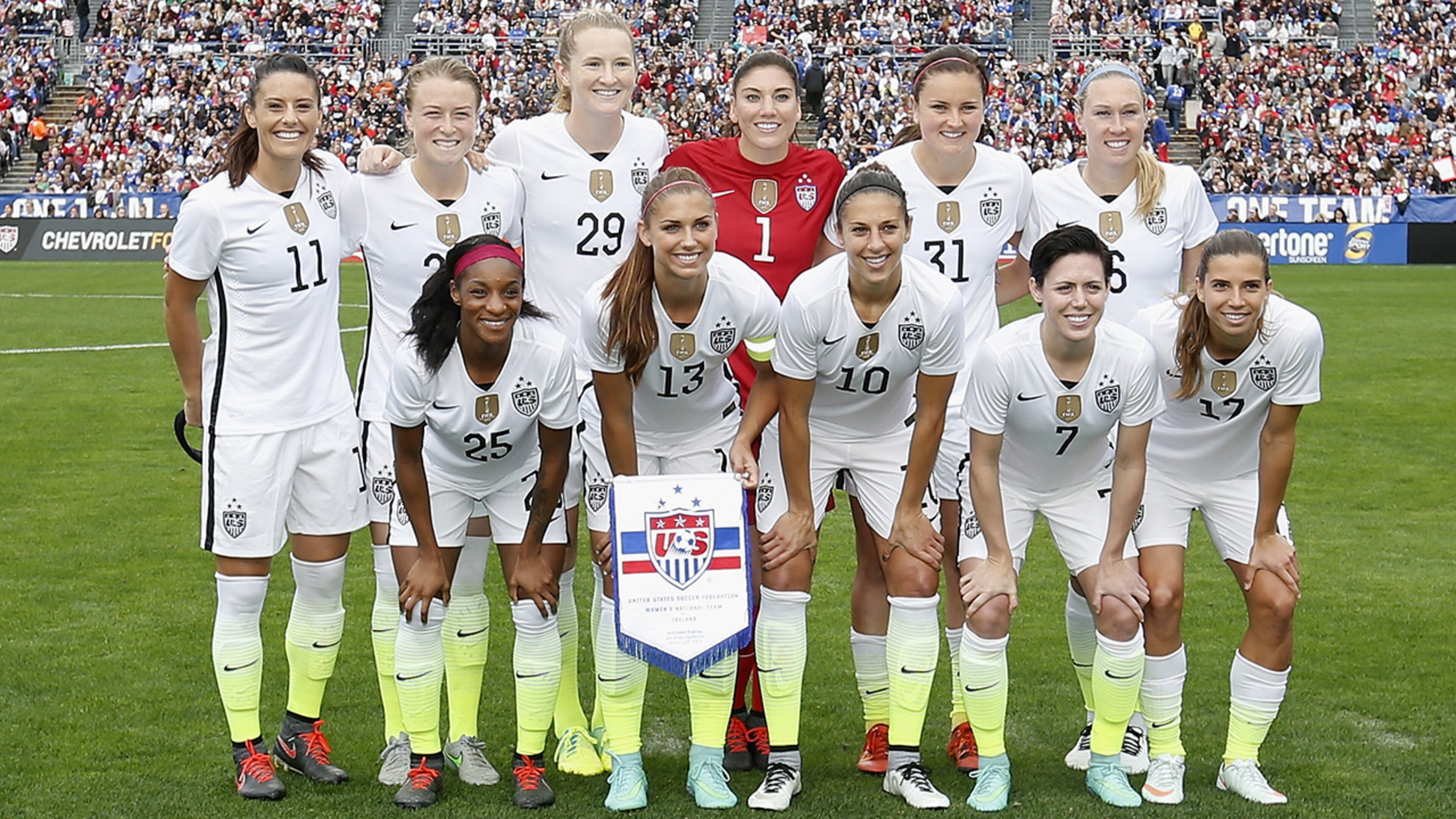 SAN DIEGO, CA - JANUARY 23: The starting lineup for the United States Women's National Soccer Team pose for a photo before playing Ireland at Qualcomm Stadium on January 23, 2016 in San Diego, California. (Photo by Todd Warshaw/Getty Images)