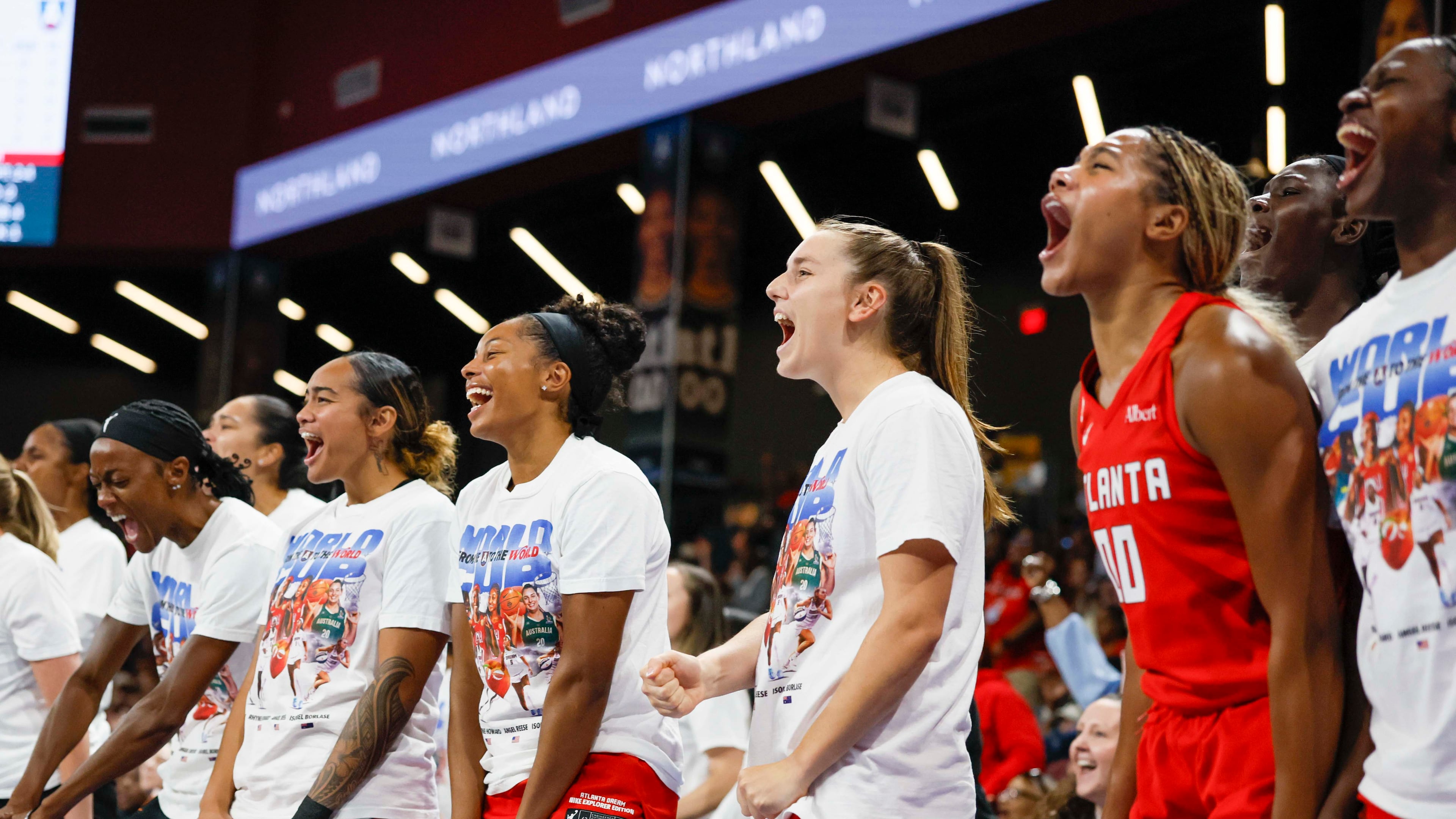 Atlanta Dream bench player reacts after a teammate’s basket during the first half of a WNBA game against the Minnesota Lynx at Gateway Center Arena on Sunday, Aug. 30, 2026, in Atlanta. (Miguel Martinez/ AJC)