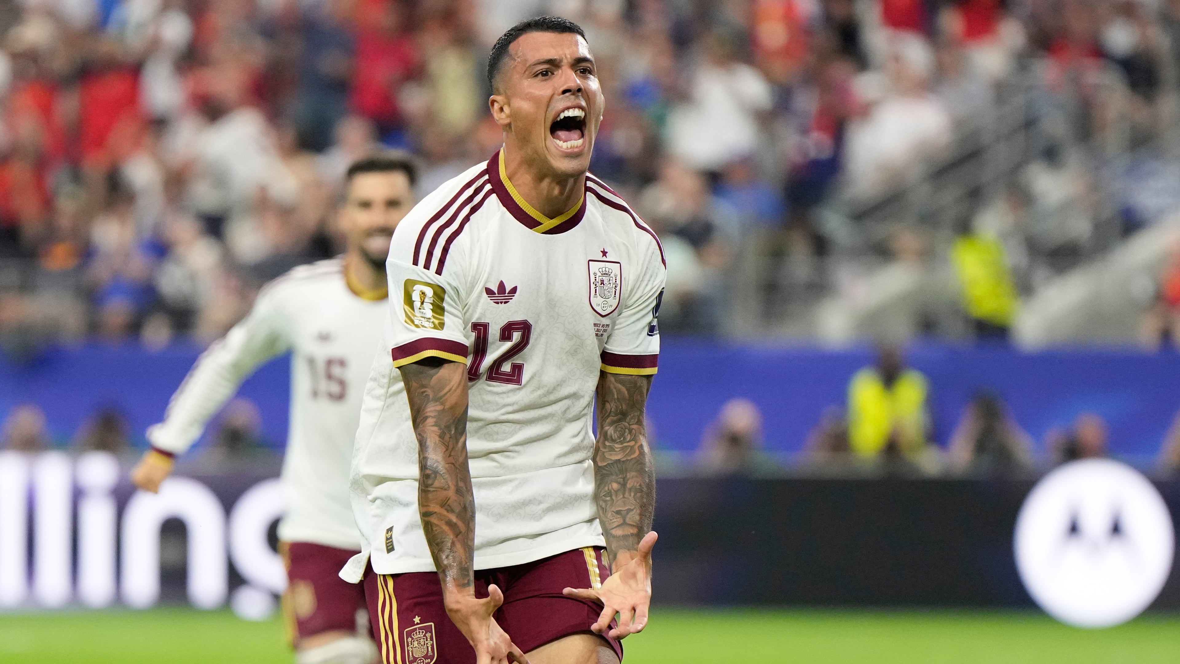 Spain's Pedro Porro reacts after scoring his side's second goal during the World Cup semifinal soccer match between France and Spain in Arlington, Texas, near Dallas, Tuesday, July 14, 2026. (AP Photo/Ashley Landis)