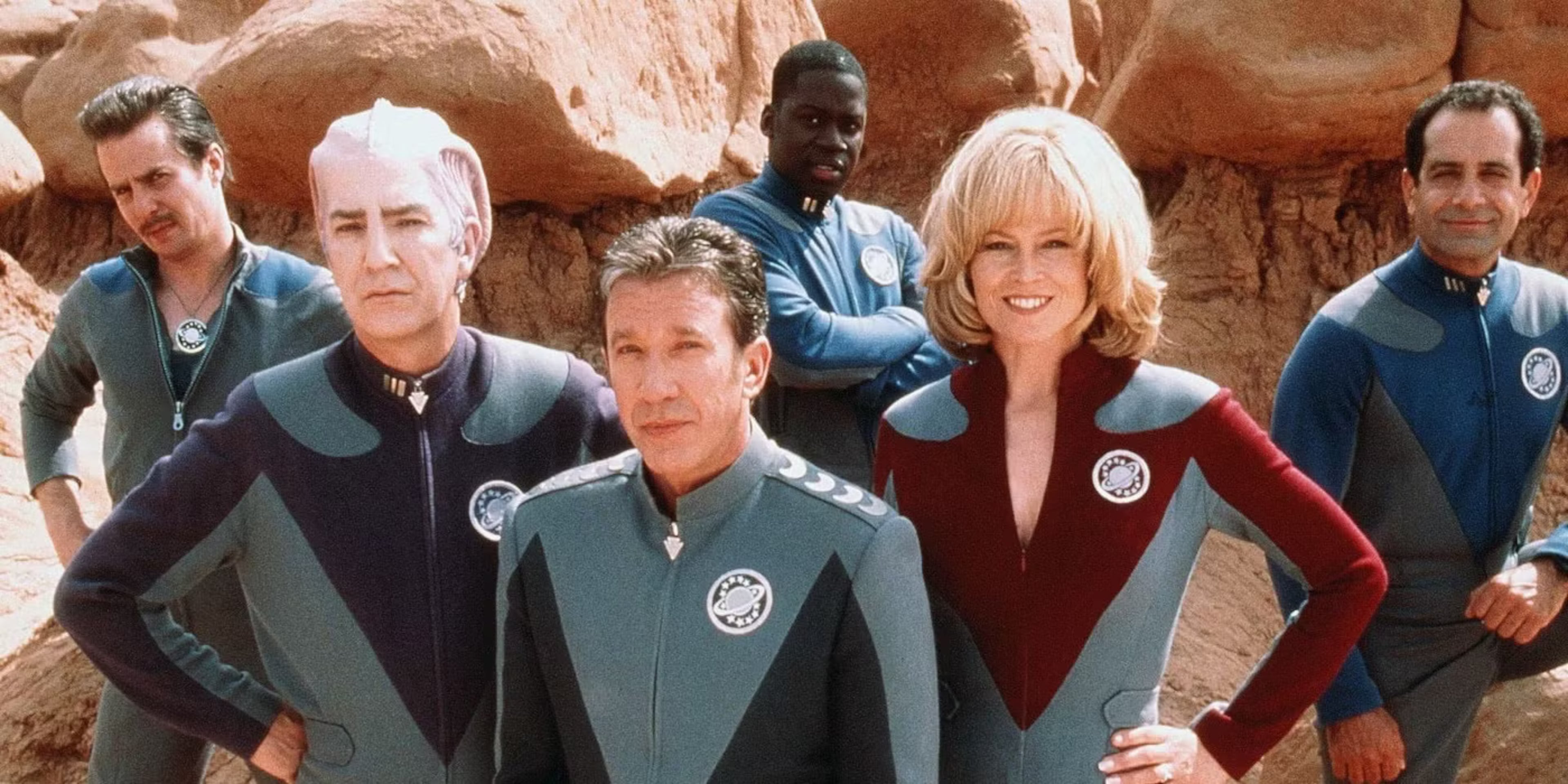Daryl Mitchell (center) joined the ensemble cast of the 1999 film “Galaxy Quest” led by Sam Rockwell (from left), Alan Rickman, Tim Allen, Sigourney Weaver and Tony Shalhoub. (Courtesy of Universal Pictures)