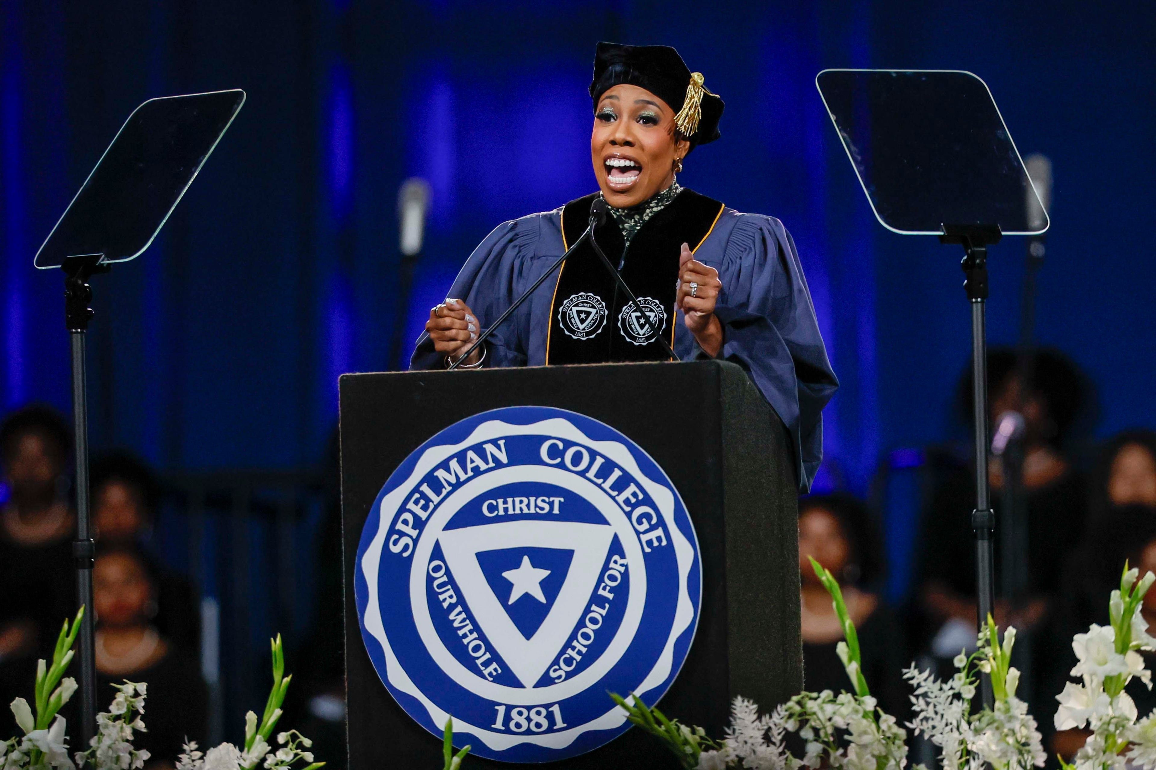 Symone D. Sanders Townsend delivers the commencement address at the Spelman College graduation ceremony held at the Georgia International Convention Center in College Park on Sunday, May 17, 2026. (Miguel Martinez/AJC)