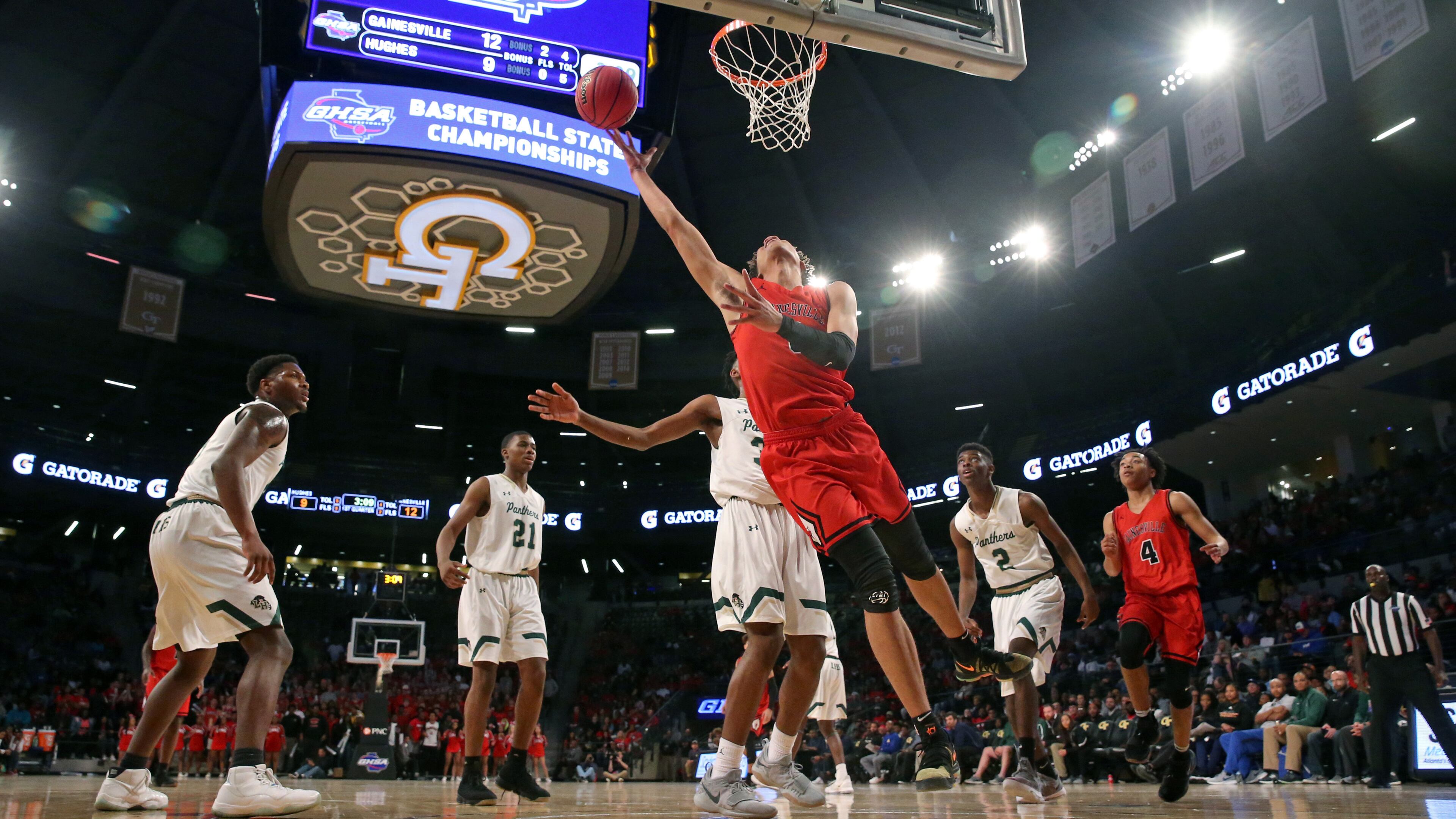Gainesville forward KJ Buffen (5) attempts a basket during the first half of the GHSA Class AAAAAA Boys State Championship against Hughes at McCamish Pavilion Friday, March 9, 2018, in Atlanta.