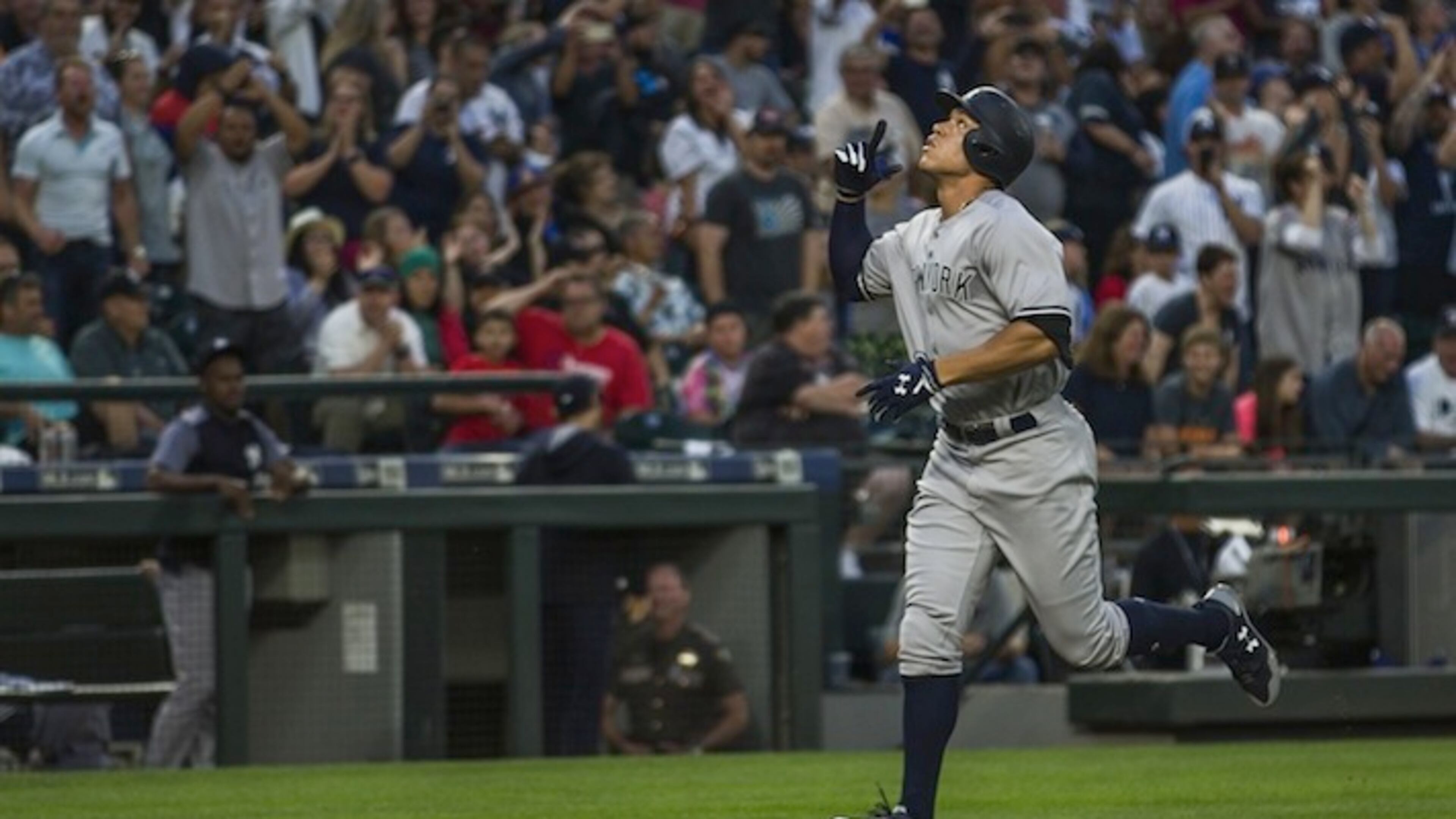 The New York Yankees' Aaron Judge celebrates after hitting a three-run home run in the fifth inning against the Seattle Mariners on Friday, July 21, 2017, at Safeco Field in Seattle. The Yankees won, 5-1. (Kjell Redal/Seattle Times/TNS)