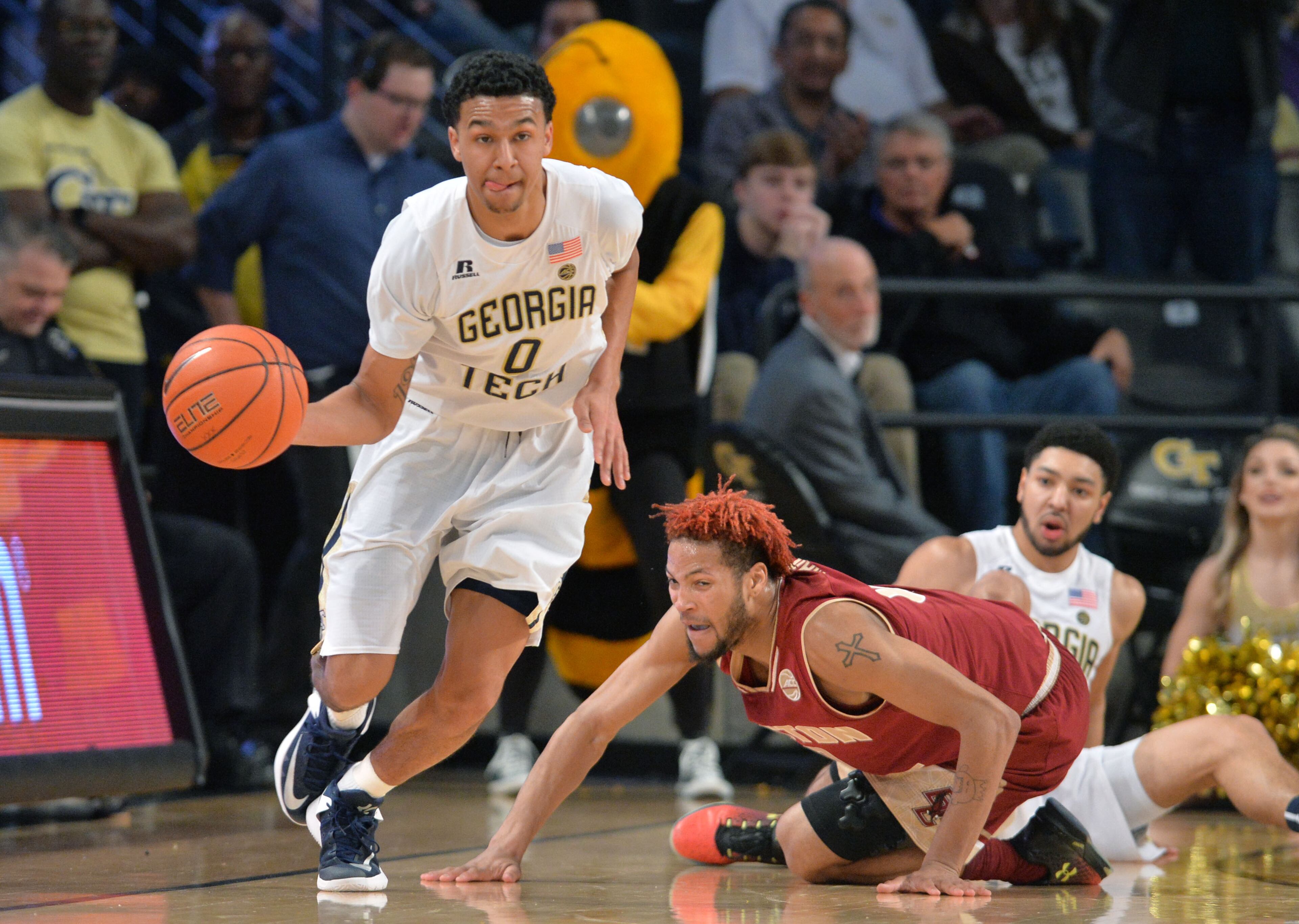 February 11, 2017 Atlanta - Georgia Tech's guard Justin Moore (0) brings the ball upcourt past Boston College's guard Ky Bowman (0) in a basketball game at McCamish Pavilion on Saturday, February 11, 2017. Georgia Tech won 65 - 54 over the Boston College. HYOSUB SHIN / HSHIN@AJC.COM