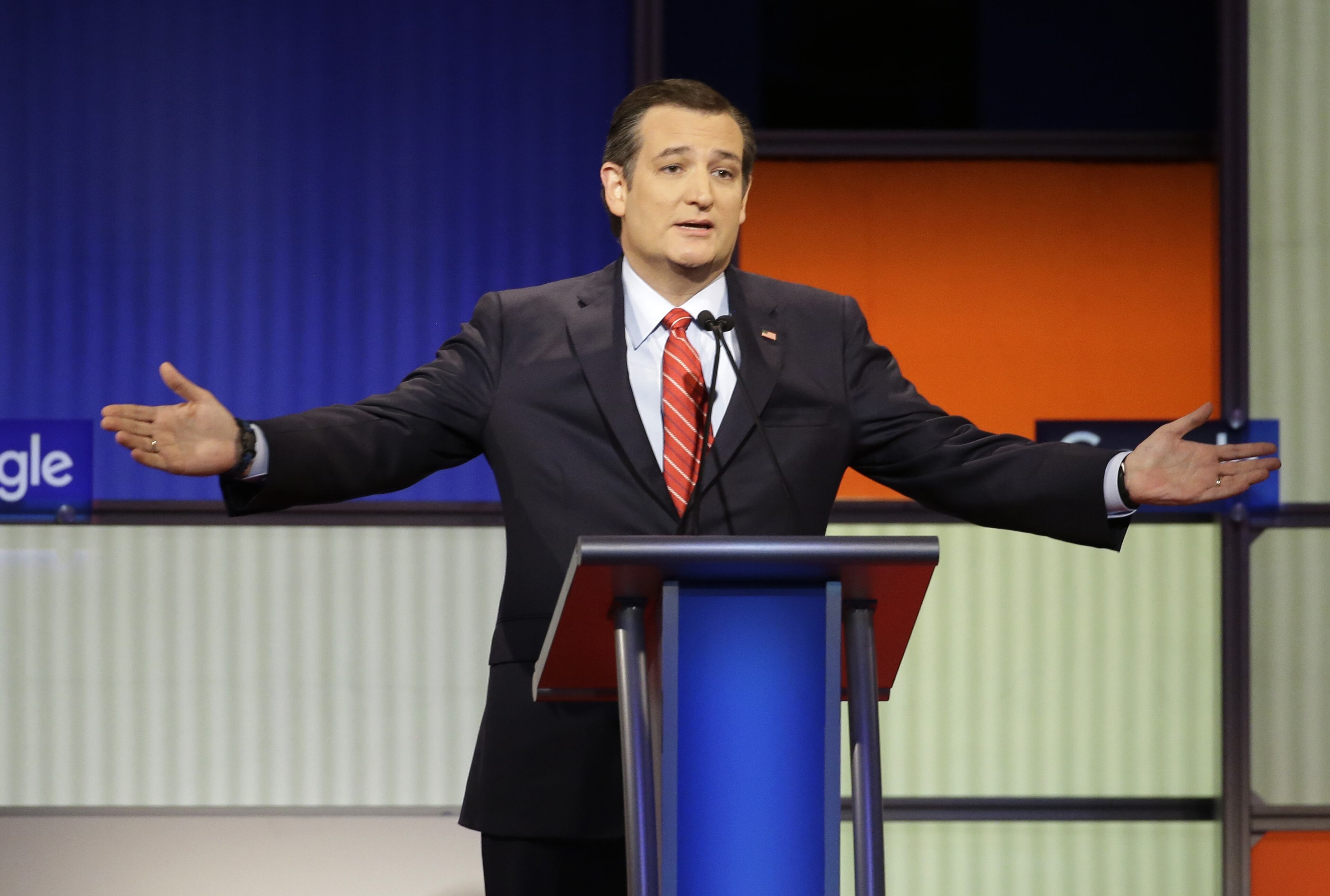 Ted Cruz makes a point during a Republican presidential primary debate, Thursday, Jan. 28, 2016, in Des Moines, Iowa. (AP Photo/Chris Carlson)