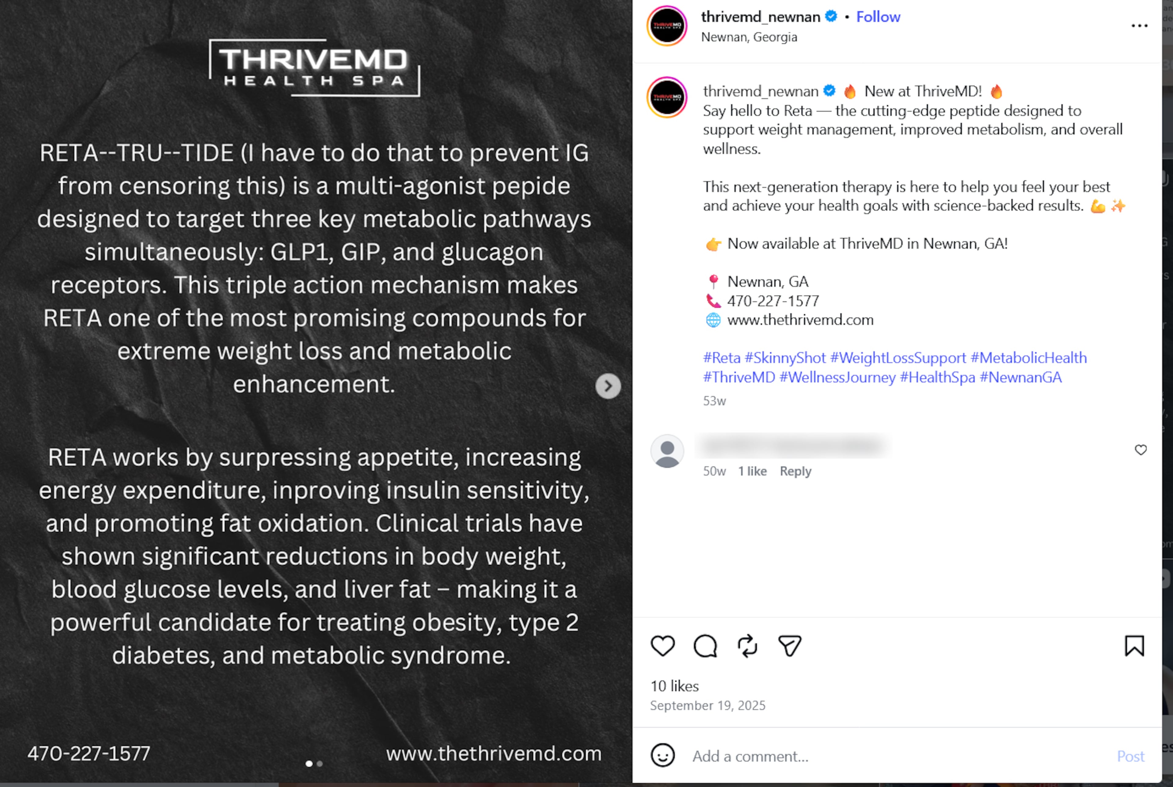 ThriveMD Health Spa in Newnan announced the availability of retatrutide in a September 2025 Instagram post that told patients: “Say hello to Reta.” (Instagram)