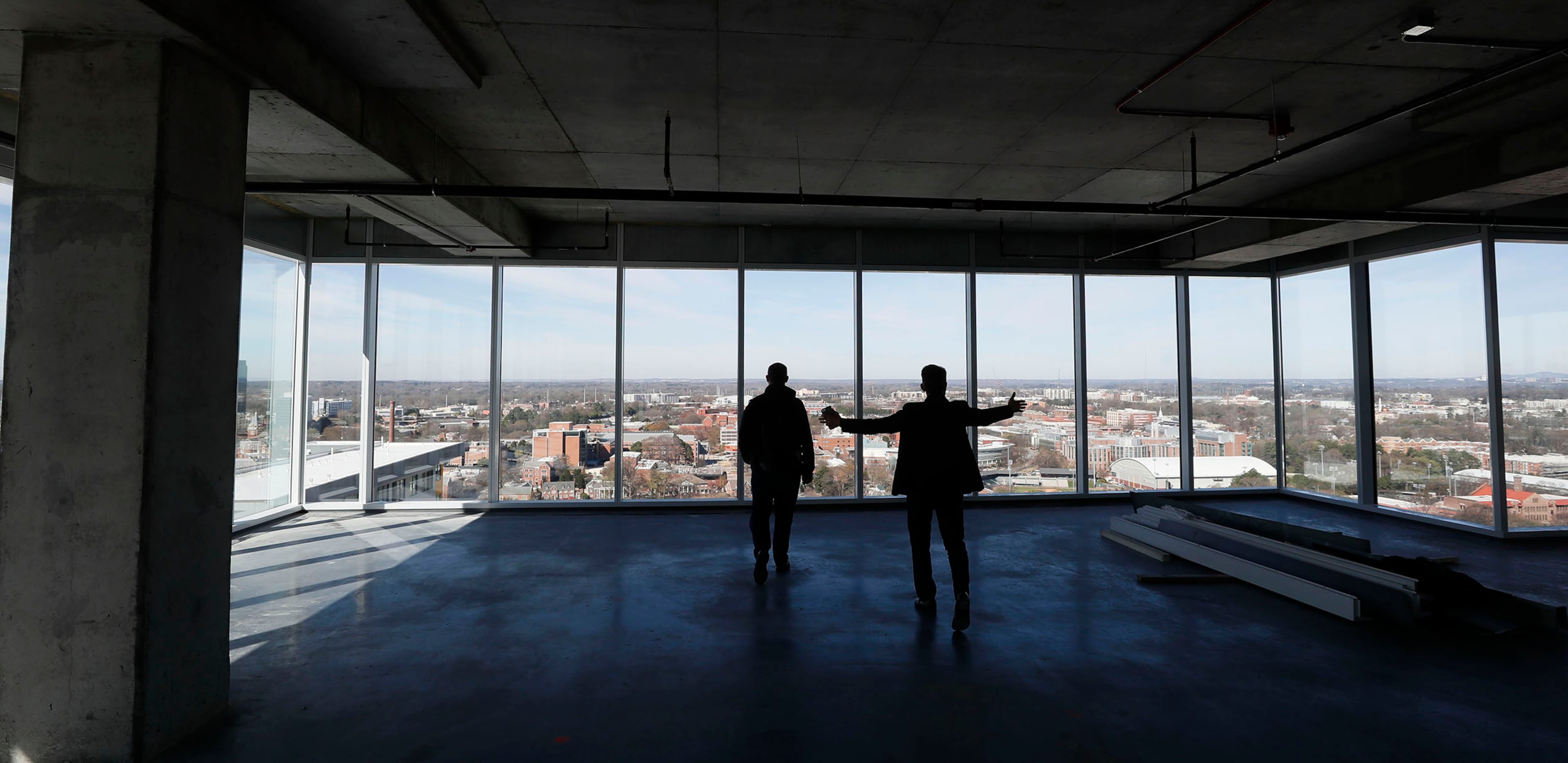 The upper tenant floors of the Coda project at Georgia Tech are surrounded by windows and a panorama of the skyline. Coda will be an office tower for Georgia Tech, major corporations, start ups and will feature a sophisticated data center complex.