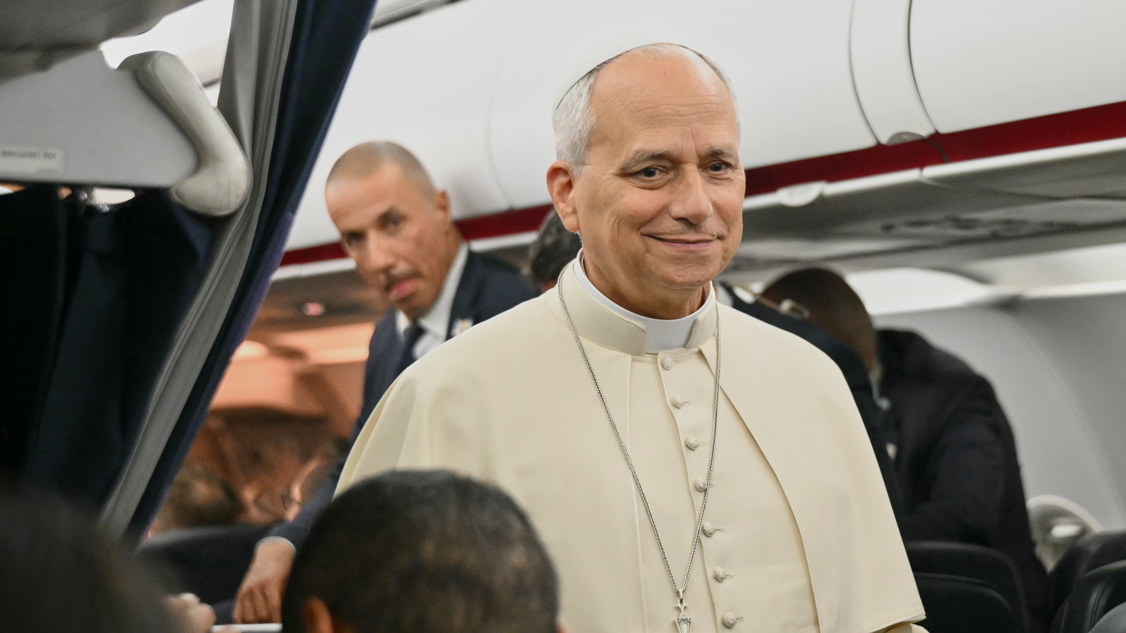 Pope Leo XIV speaks to journalists aboard the flight from Metz, France, to Rome, at the end of his four-day visit to France, Monday, Sept. 28, 2026. (Alberto Pizzoli/Pool Photo via AP)