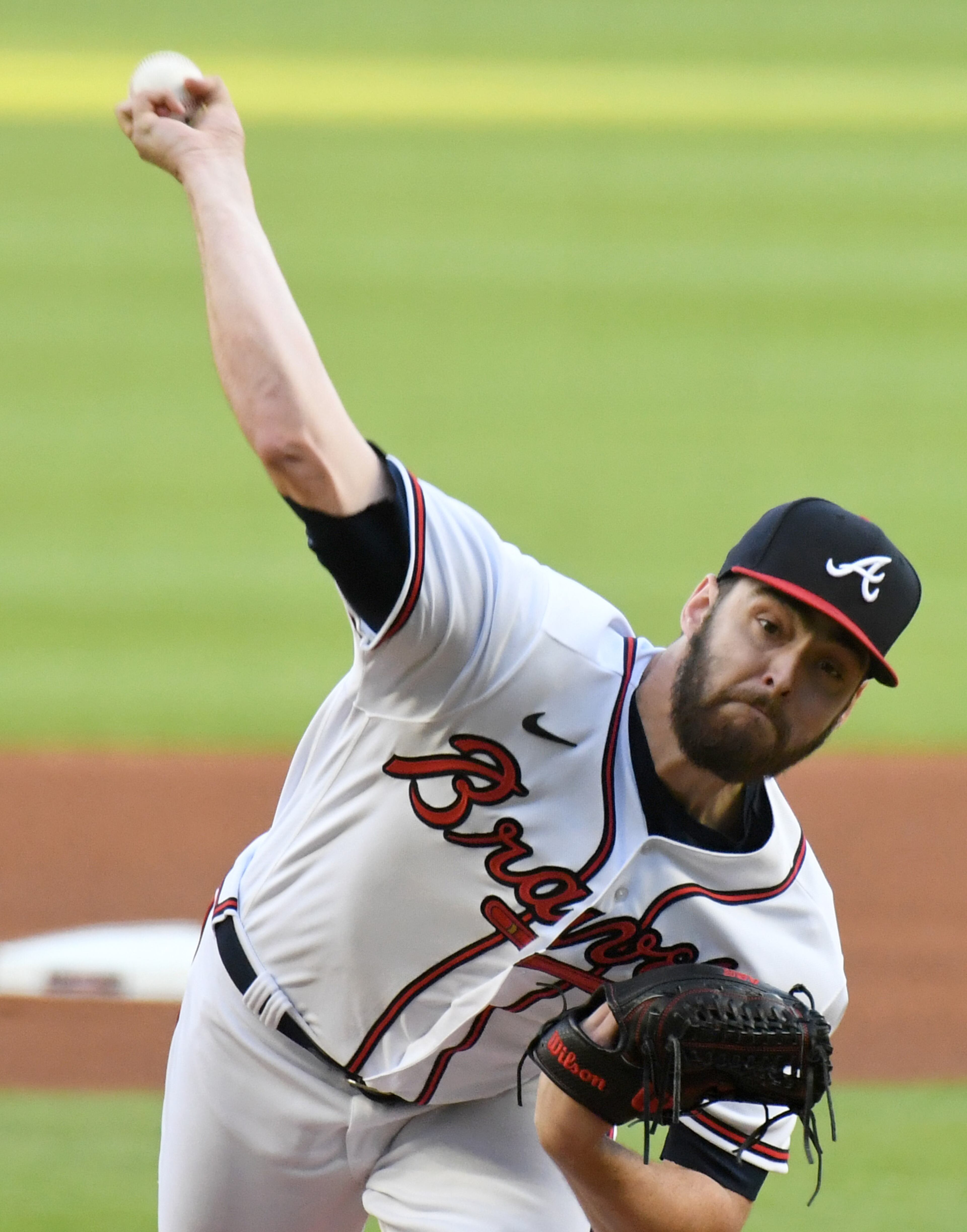 April 23, 2022 Atlanta - Atlanta Braves' starting pitcher Ian Anderson (36) throws a pitch in the first inning at Truist Park on Saturday, April 23, 2022. (Hyosub Shin / Hyosub.Shin@ajc.com)
