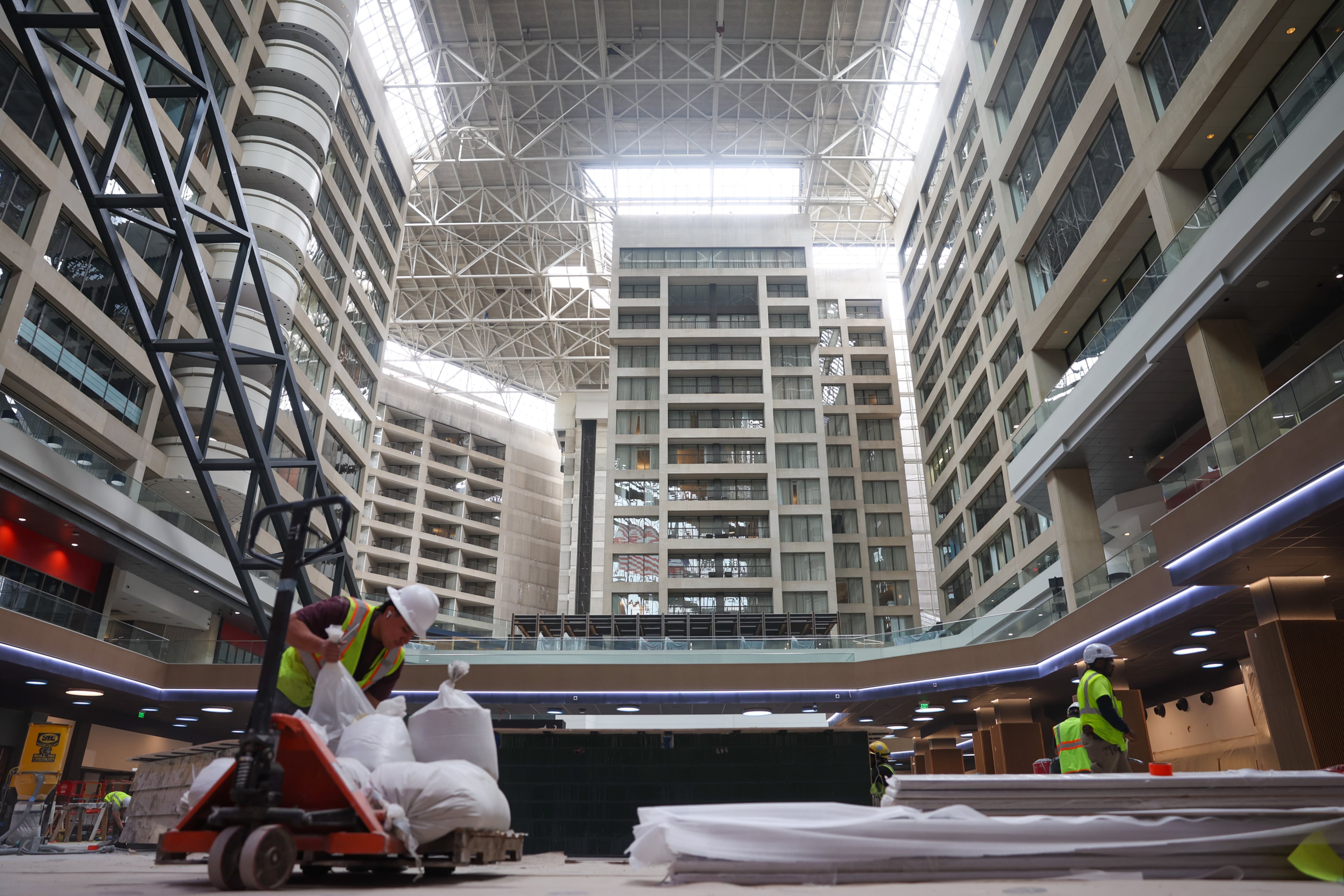 Workers continue construction inside The Center, formerly CNN Center, in Atlanta on March 30, 2026. (Arvin Temkar/AJC)