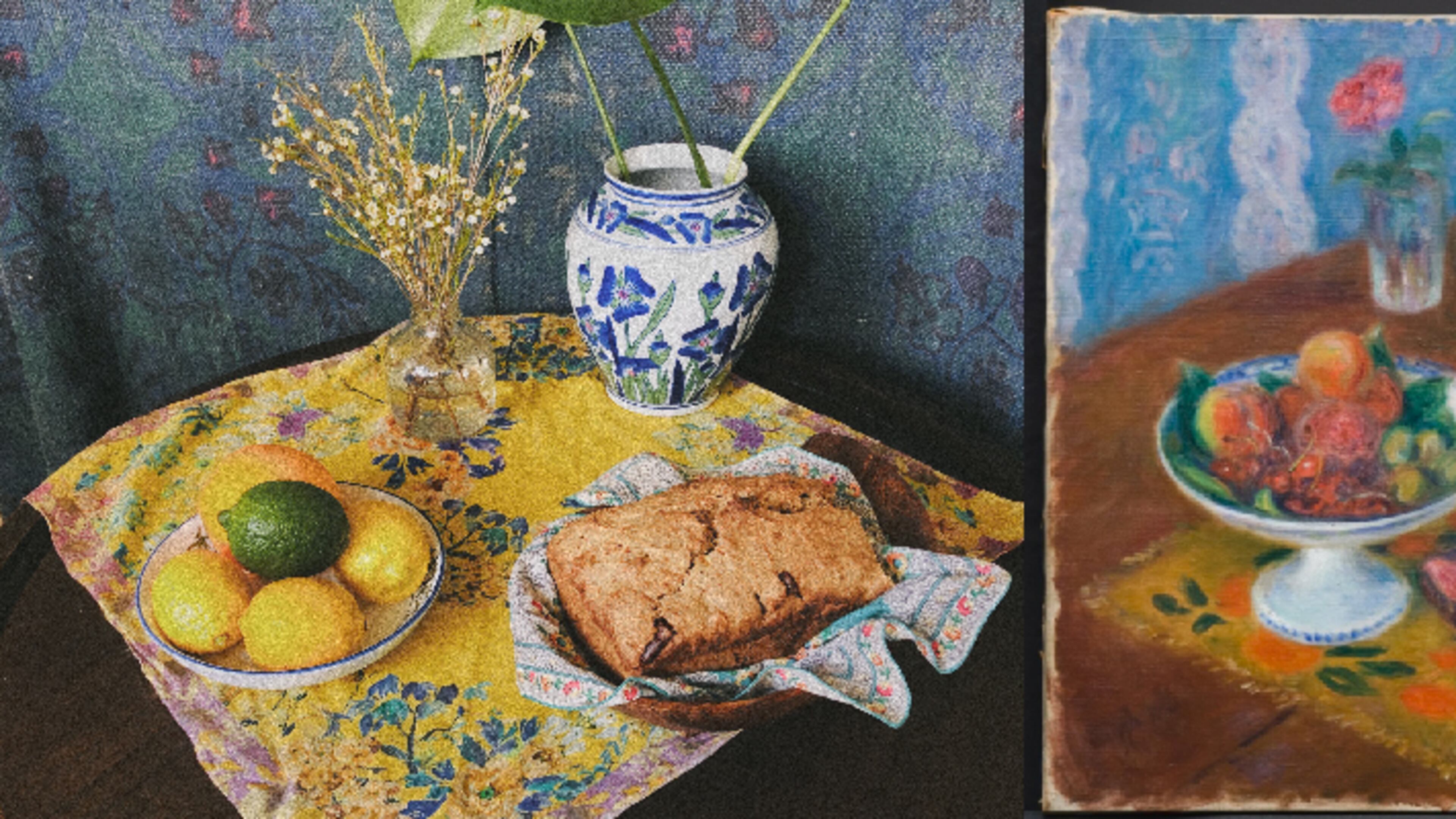 William James Glackens, Still Life with Roses and Fruit, ca. 1924 on the right and the High Museum’s real life recreation of it on the left. This is part of the museum’s #HighMuseumatHome Instagram challenge launched once the COVID-19 pandemic forced the museum to close earlier this month.