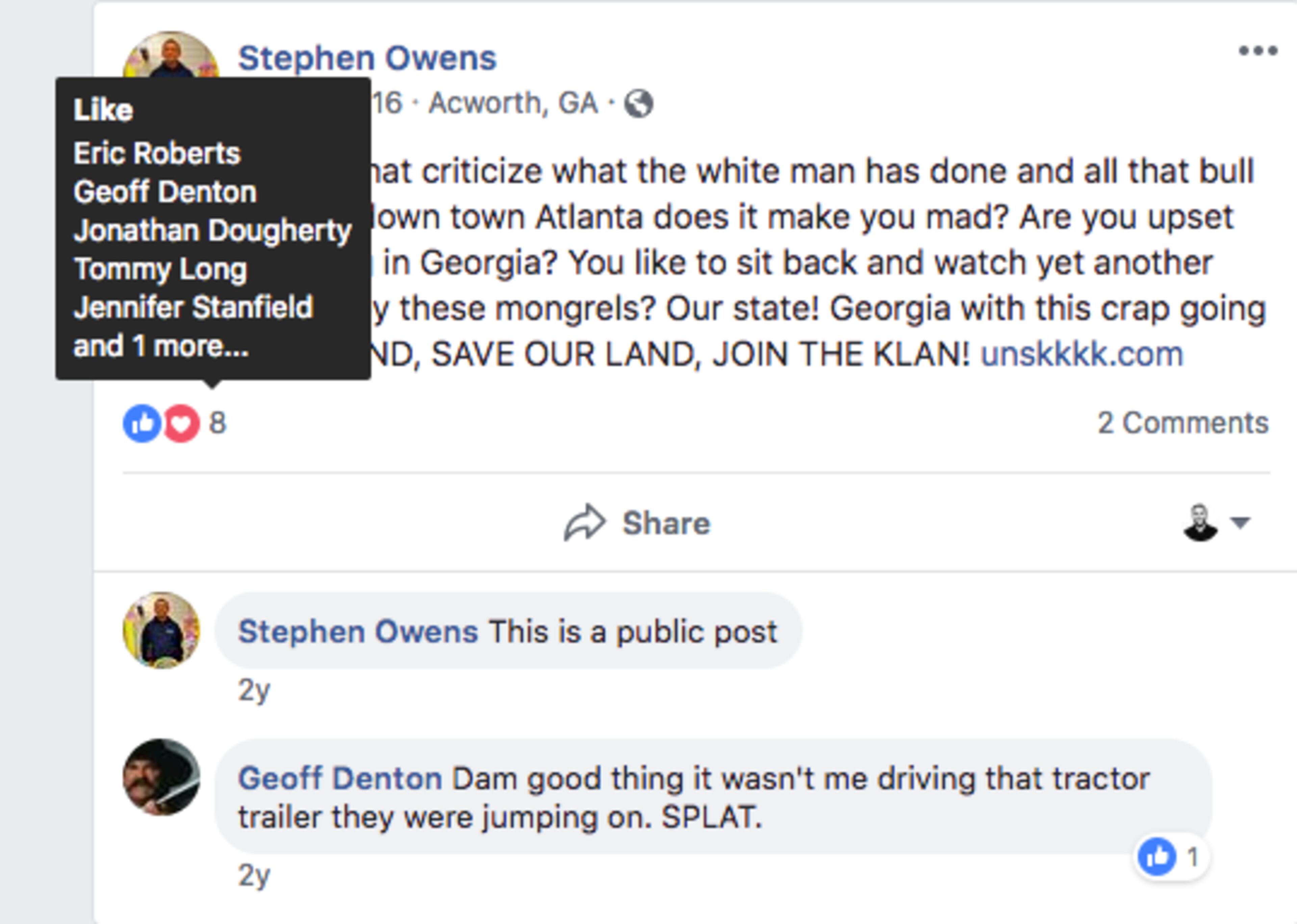 This post by Stephen Owens, who was identified as a Ku Klux Klan Grand Wizard by HuffPost, was among those Tommy Long’s Facebook account was accused of liking. (Photo: HuffPost)