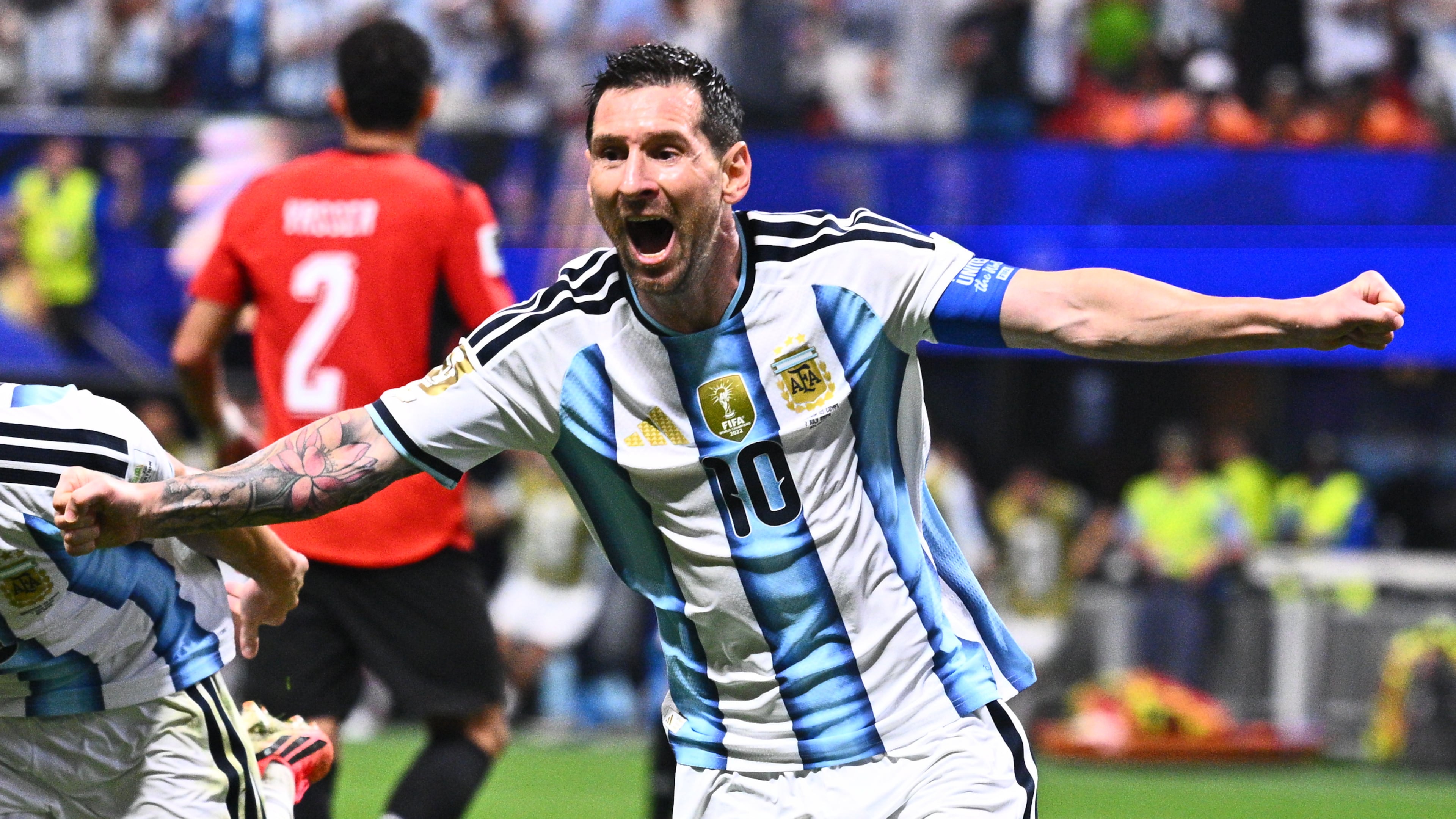 Argentina's Lionel Messi (10) celebrates scoring their second goal during the World Cup round of 16 soccer match between Argentina and Egypt in Atlanta, Tuesday, July 7, 2026. (AP Photo)