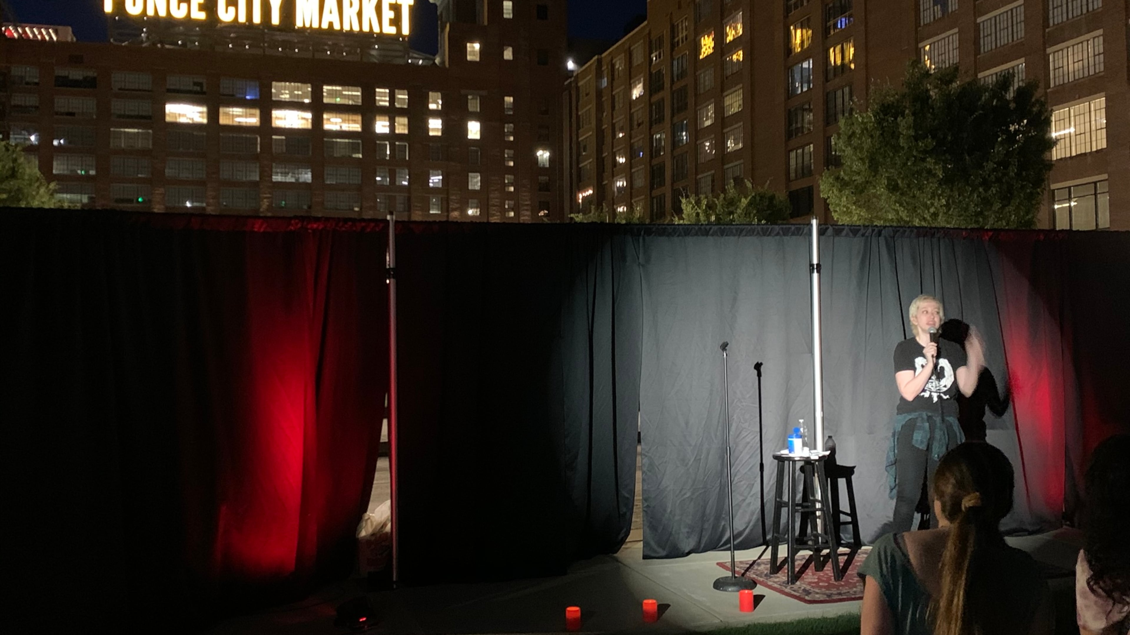 Katie Hughes, a stand-up comic, performing at a special outdoor comedy show at Ponce City Market July 10, 2020