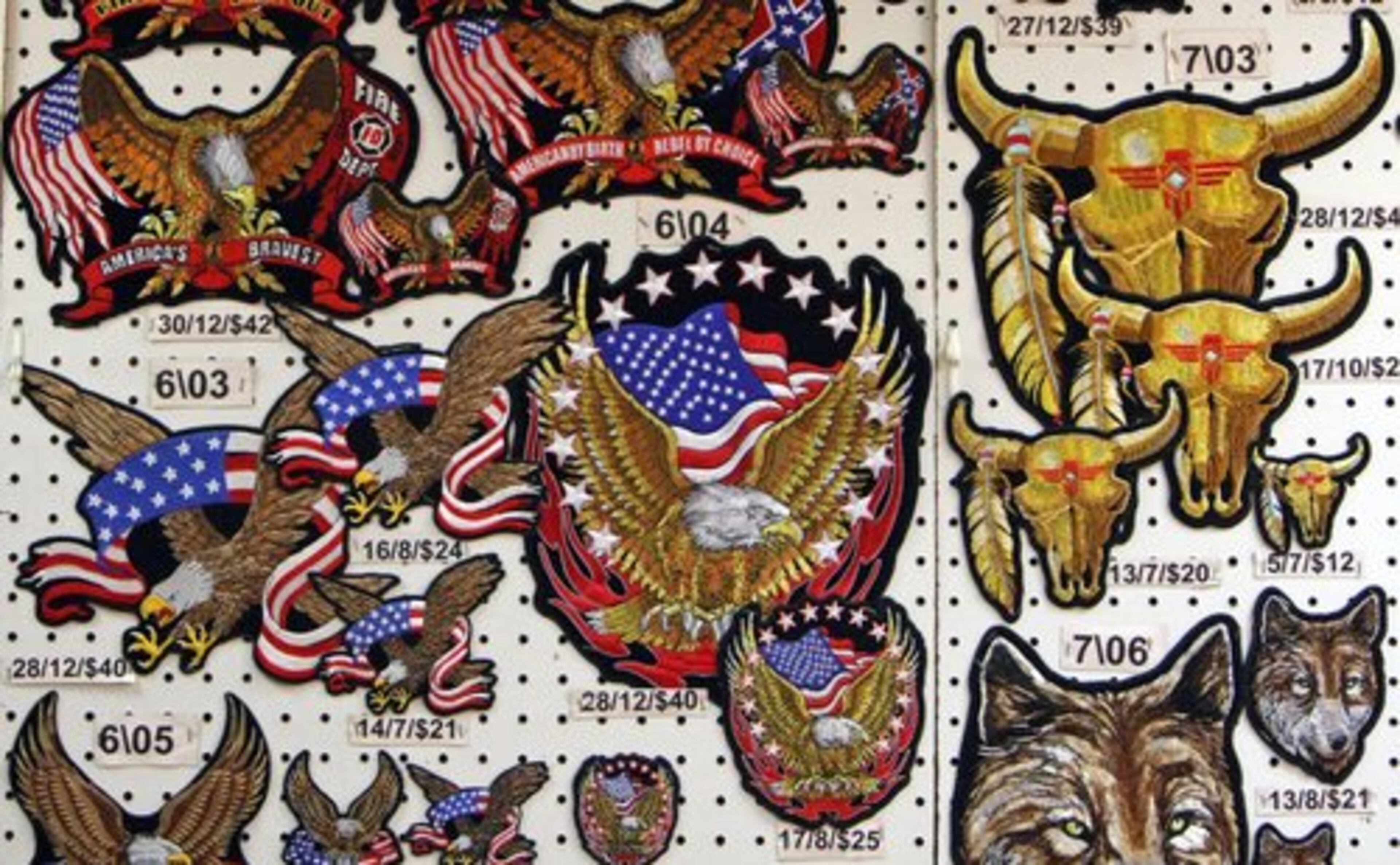 Various patches to be sewn on leather jackets are for sale by Chaps and Bags, of Edgewater, Fla. The show continues until 8 p.m. Saturday and from 10 a.m.-5 p.m. Sunday.