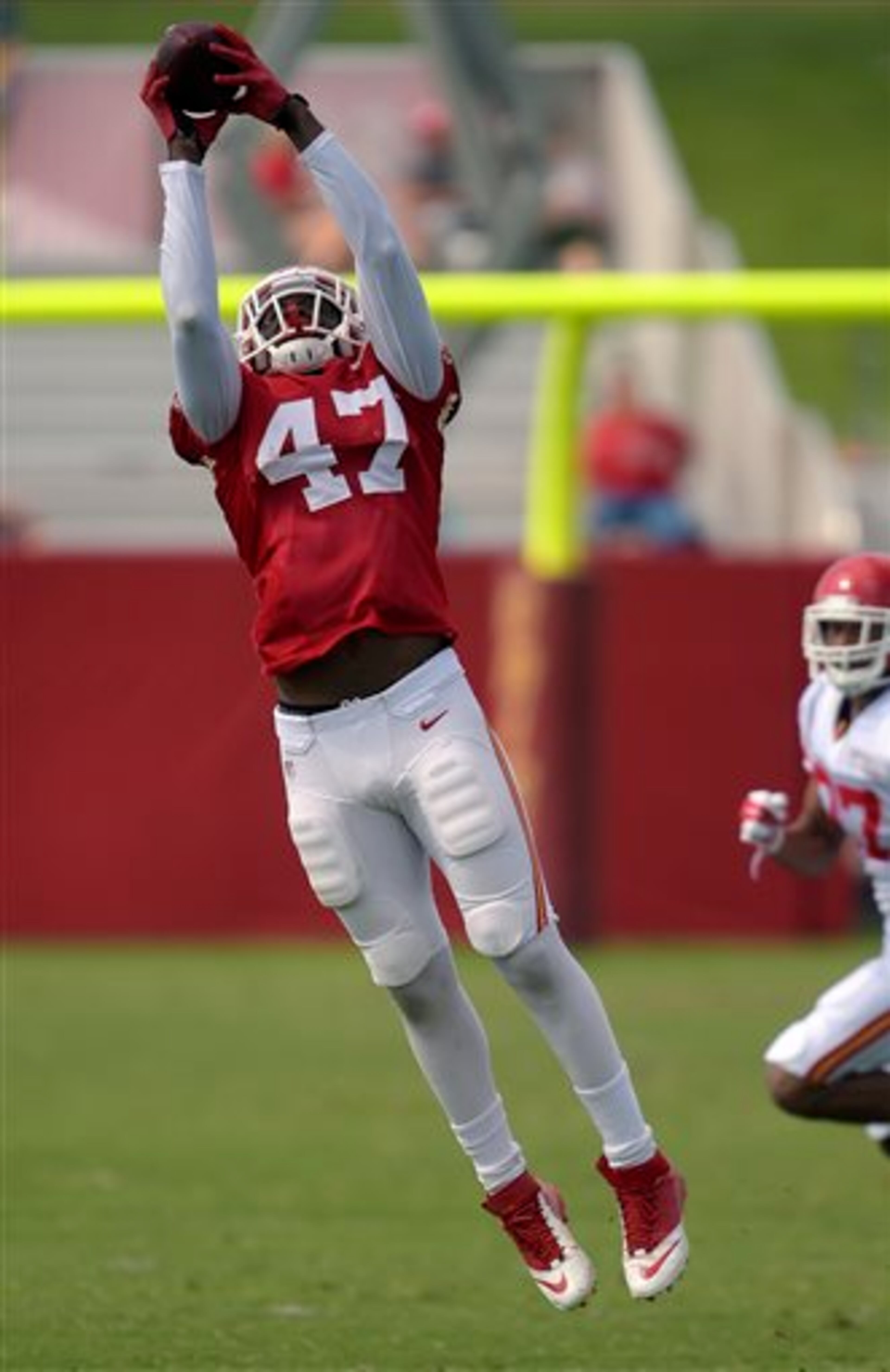 Kansas City Chiefs tight end Demetrius Harris (47) brings in a reception during practice Monday morning, Aug. 11, 2014, on the Missouri Western State University campus in St. Joseph. Mo. (AP Photo/St. Joseph News-Press, Todd Weddle)