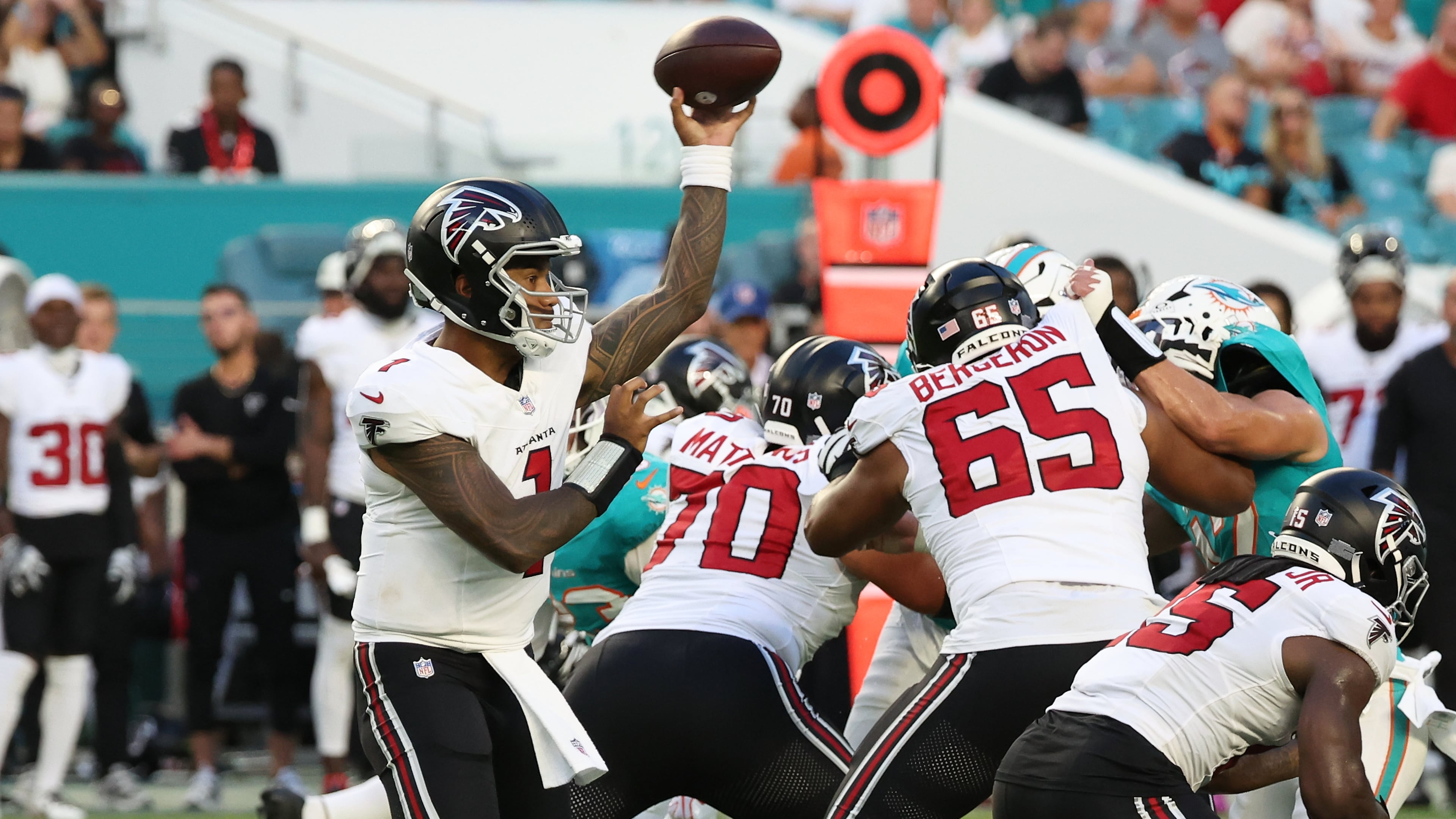 Falcons quarterback Tua Tagovailoa attempts a pass against the Dolphins during their NFL exhibition game on Friday, Aug. 28, 2026, in Miami Gardens, Fla. (David Santiago/AP)