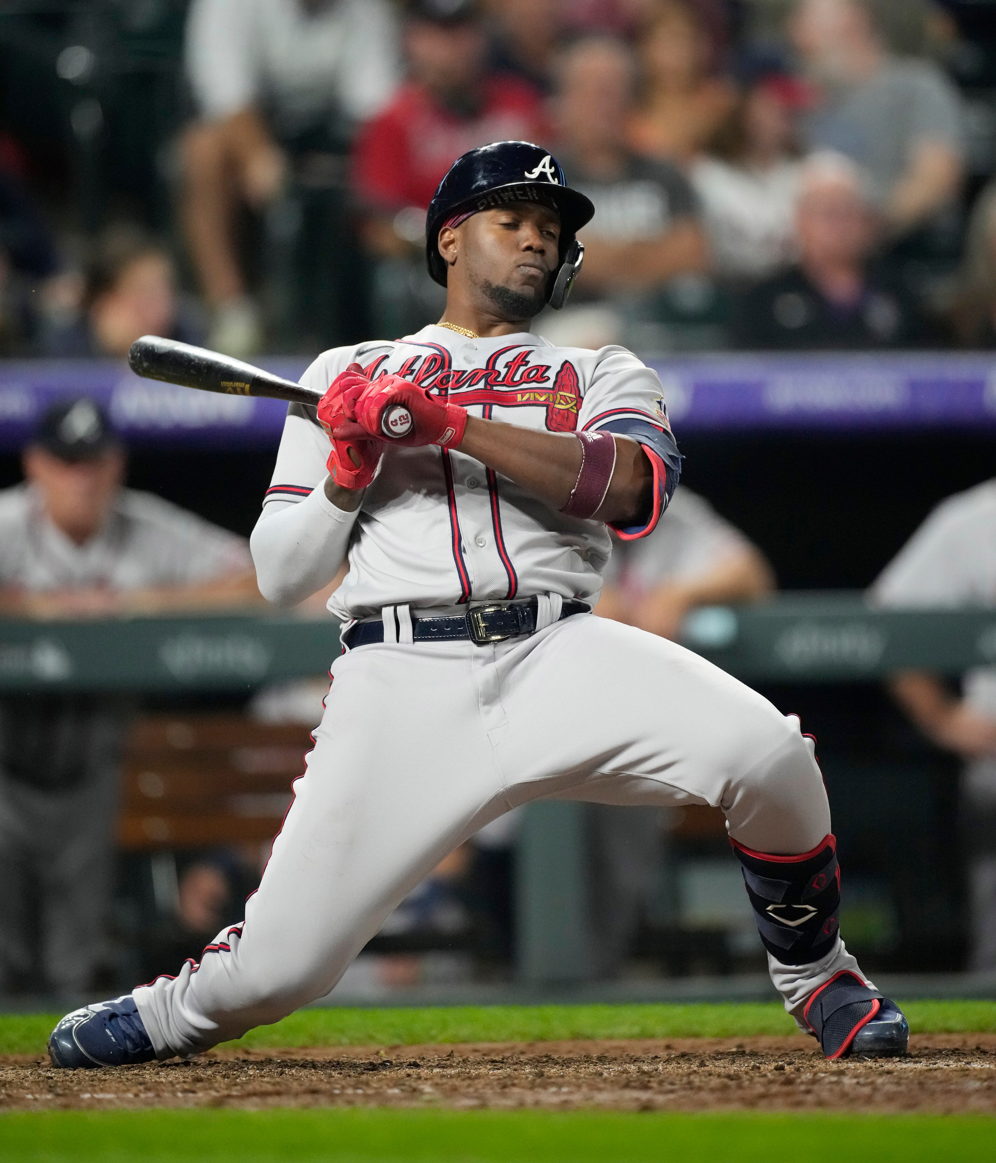 Atlanta Braves' Jorge Soler avoids an inside pitch from Colorado Rockies relief pitcher Lucas Gilbreath in the sixth inning of a baseball game Thursday, Sept. 2, 2021, in Denver. (AP Photo/David Zalubowski)