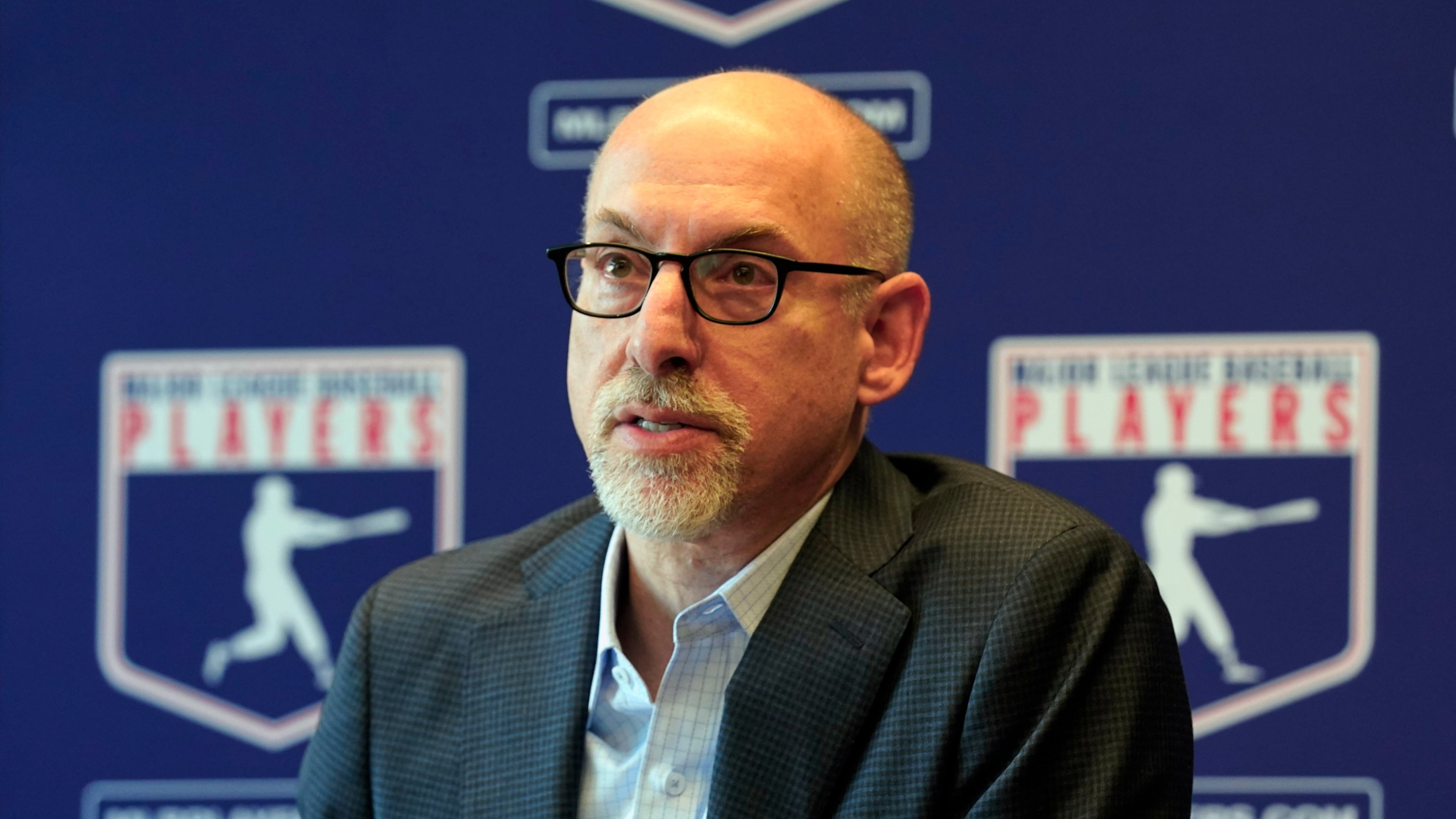 FILE - Attorney Bruce Meyer, the current interim executive director of the Major League Baseball Players Association, speaks at a news conference in New York, March 11, 2022. (AP Photo/Richard Drew, File)
