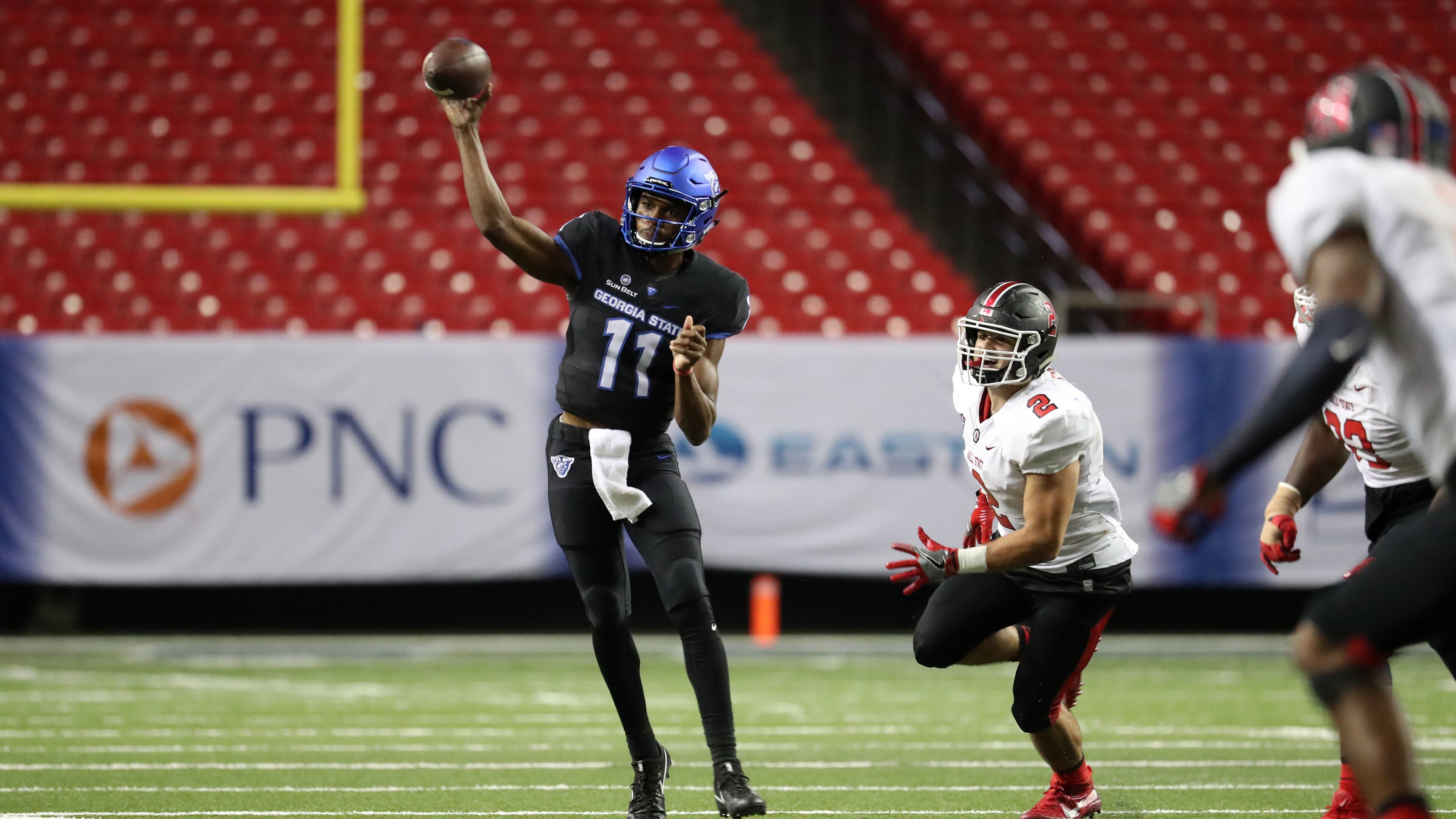 Georgia State quarterback Aaron Winchester (11) attempts a pass in the fourth quarter of their game against Ball State at the Georgia Dome, Friday, September, 2016, in Atlanta, Ga. PHOTO / JASON GETZ